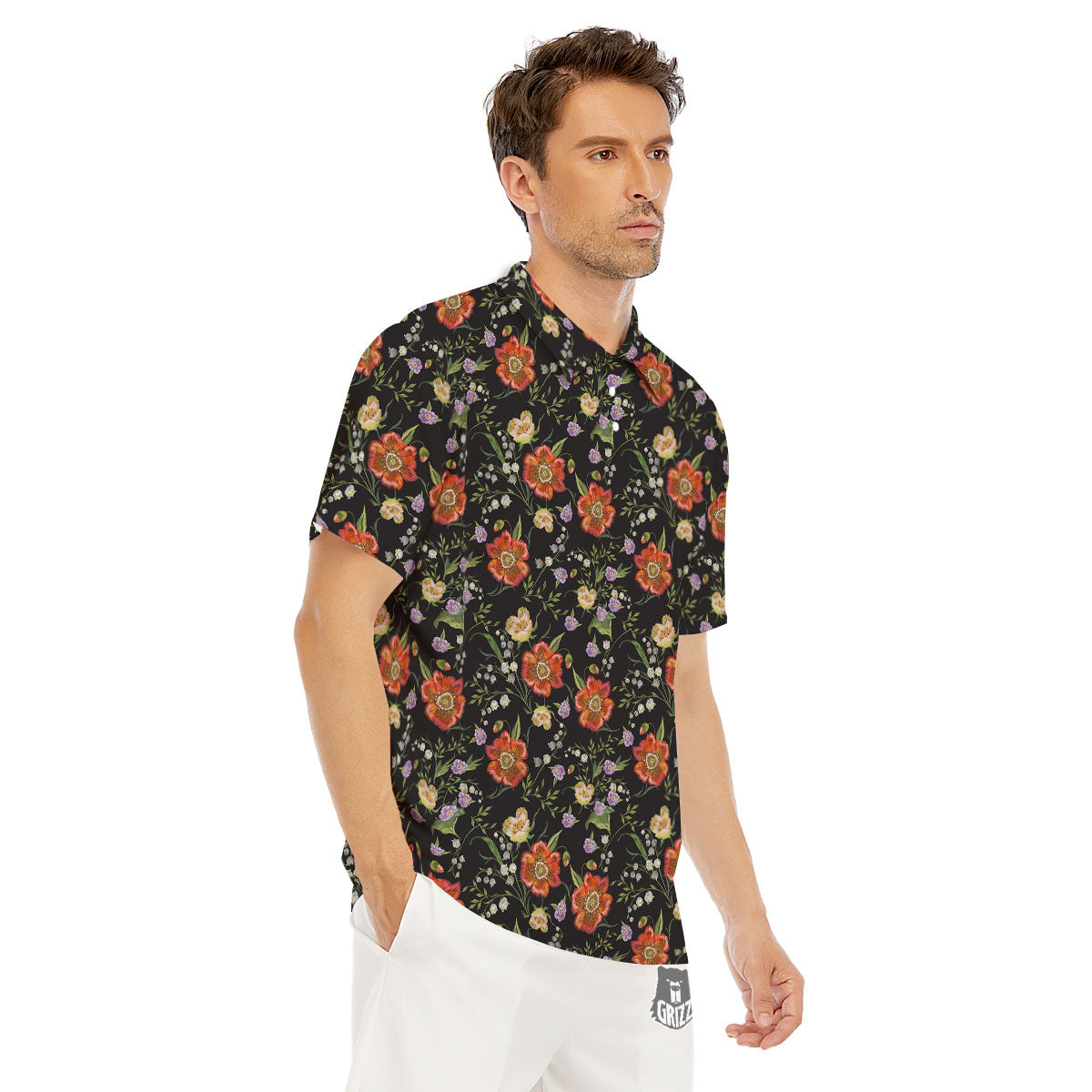 Poppy Embroidery Print Pattern Men's Golf Shirts-grizzshop