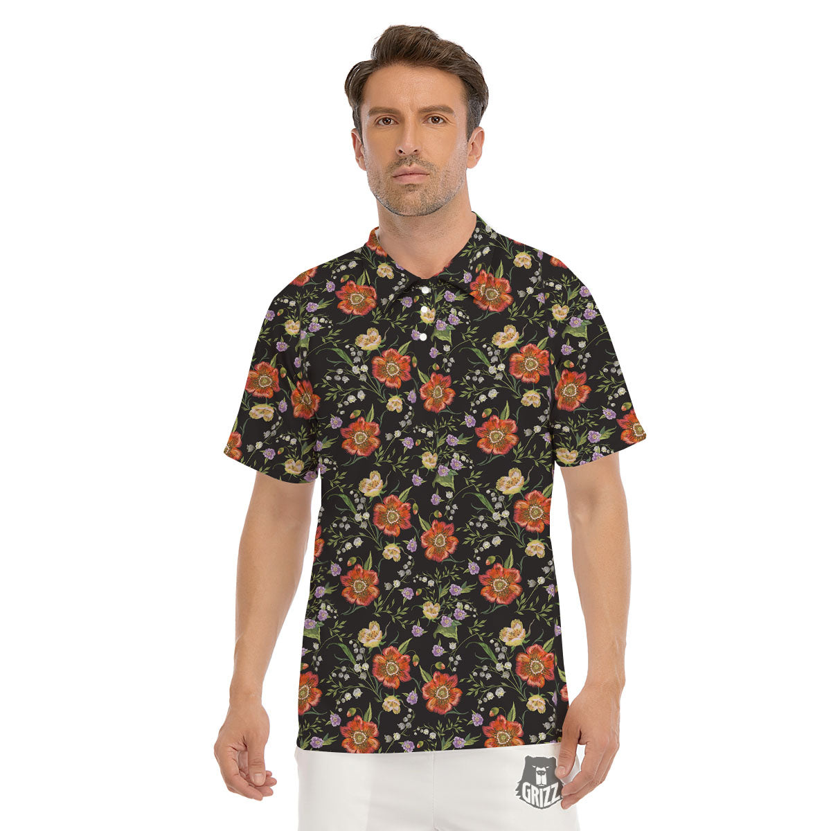 Poppy Embroidery Print Pattern Men's Golf Shirts-grizzshop