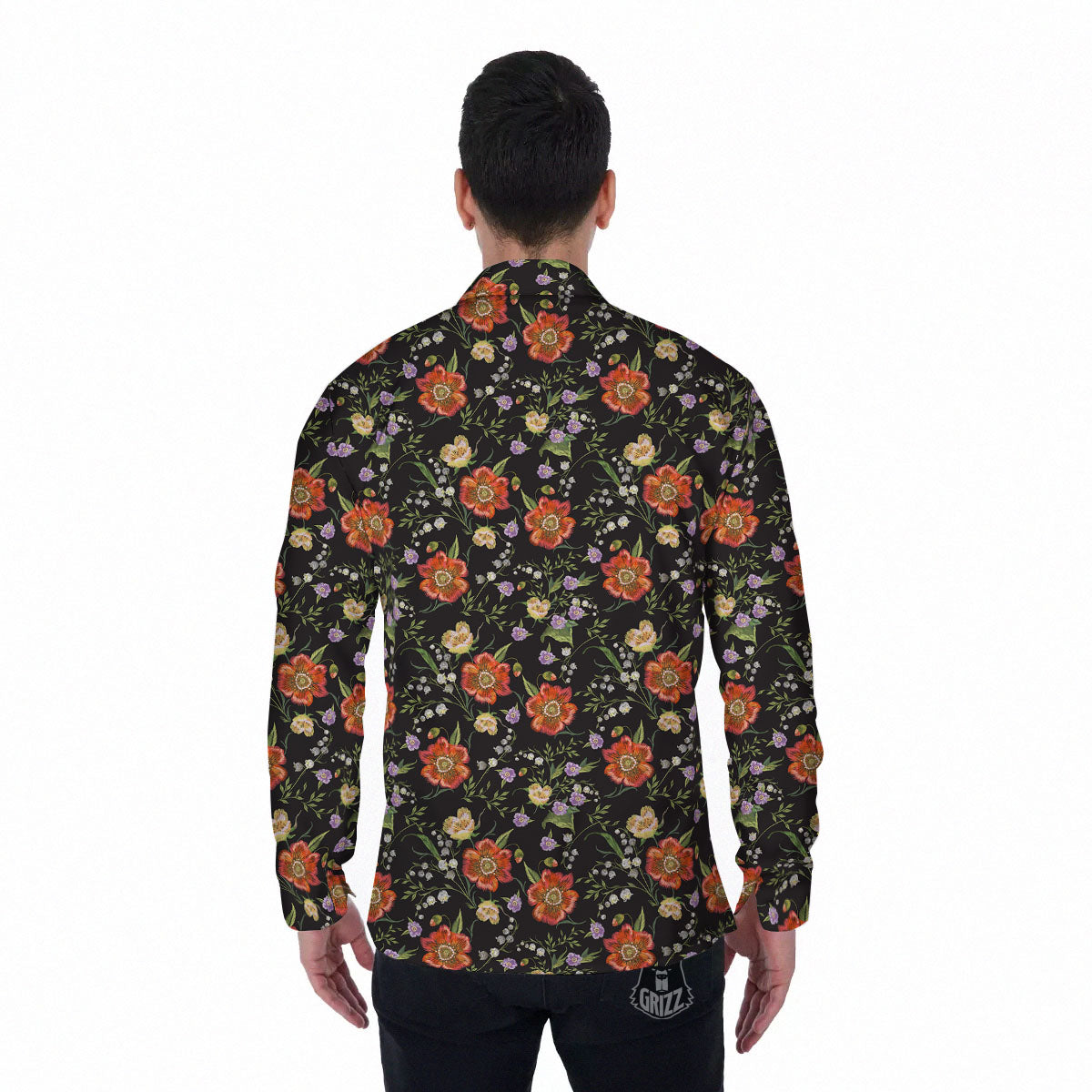 Poppy Embroidery Print Pattern Men's Long Sleeve Shirts-grizzshop