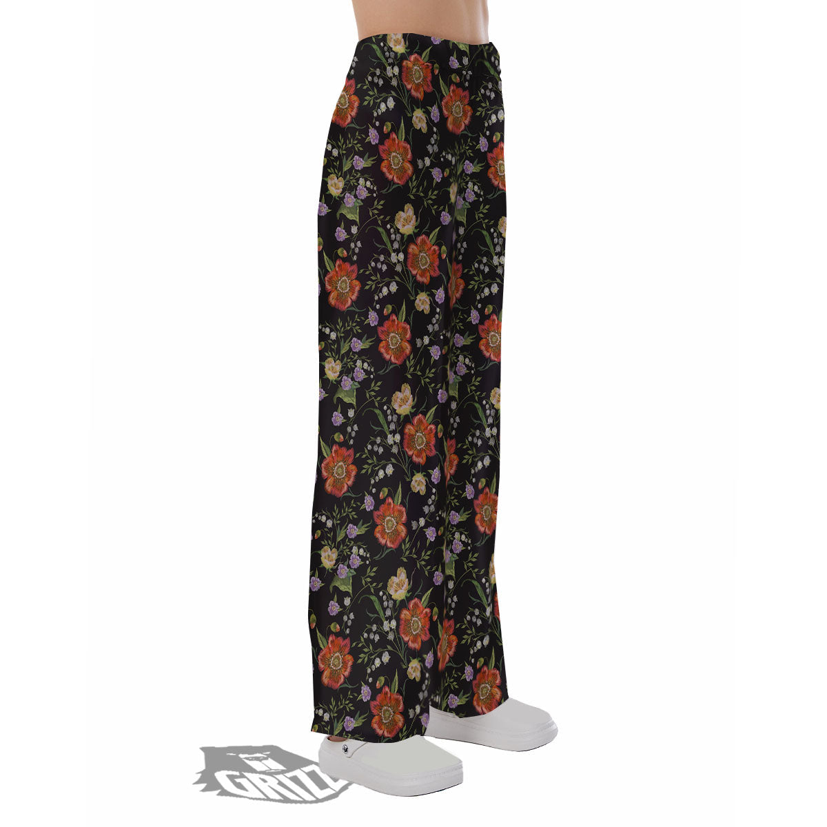 Poppy Embroidery Print Pattern Pajama Pants-grizzshop