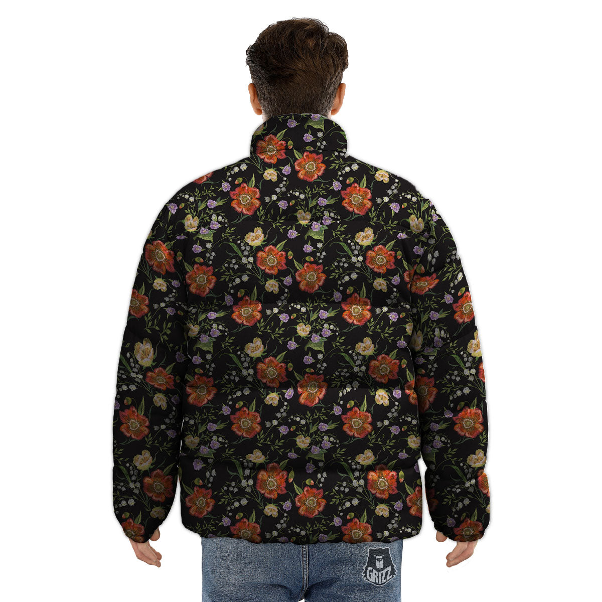 Poppy Embroidery Print Pattern Puffer Jacket-grizzshop