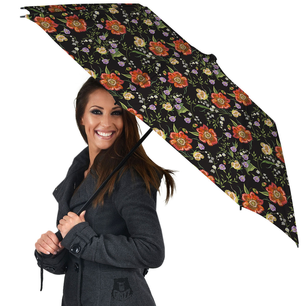 Poppy Embroidery Print Pattern Umbrella-grizzshop