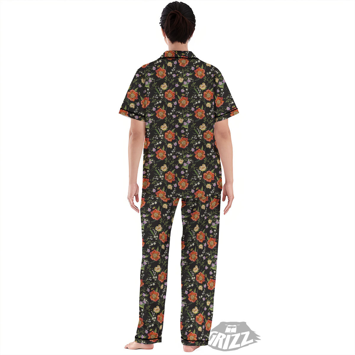 Poppy Embroidery Print Pattern Women's Pajamas Set-grizzshop