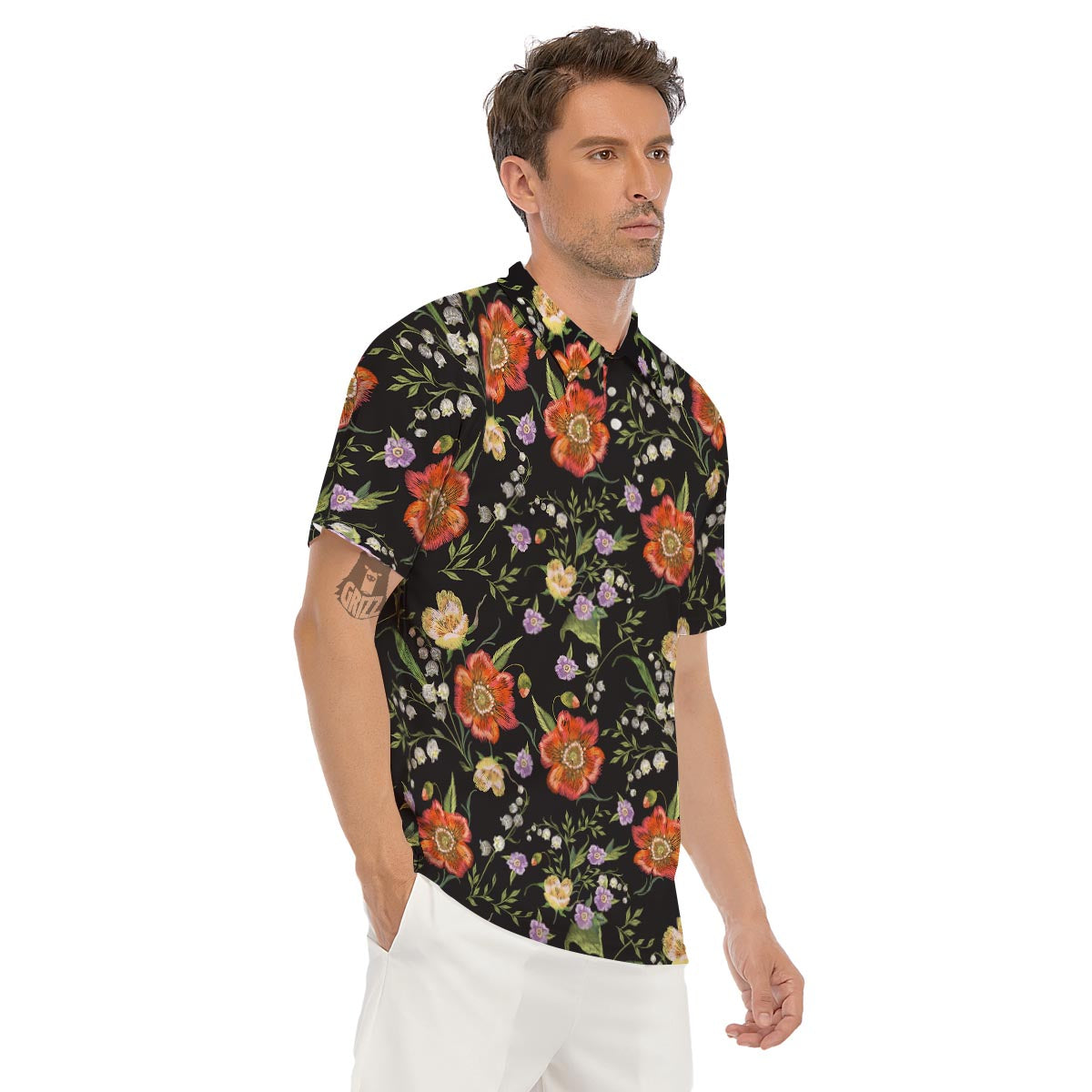 Poppy Floral Print Men's Golf Shirts-grizzshop