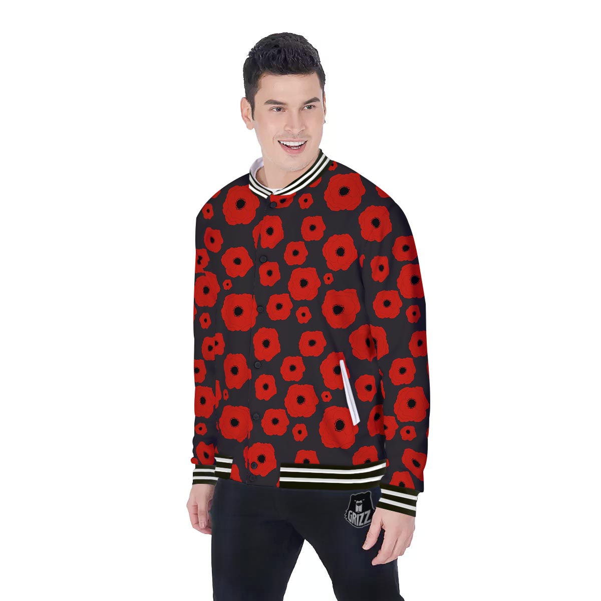 Poppy Red Print Pattern Baseball Jacket-grizzshop
