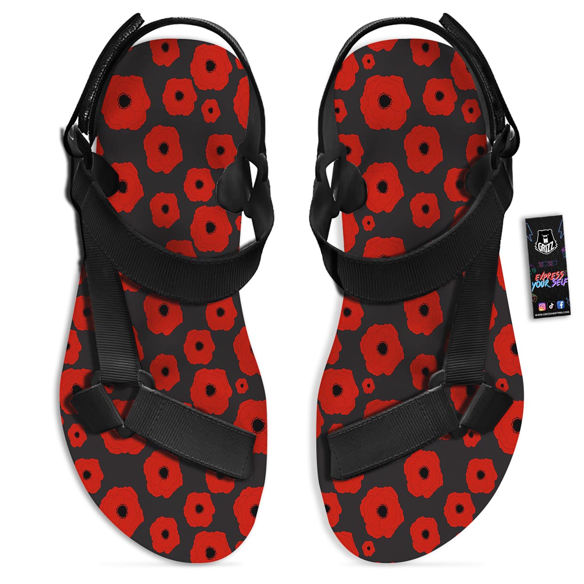 Poppy Red Print Pattern Black Open Toe Sandals-grizzshop