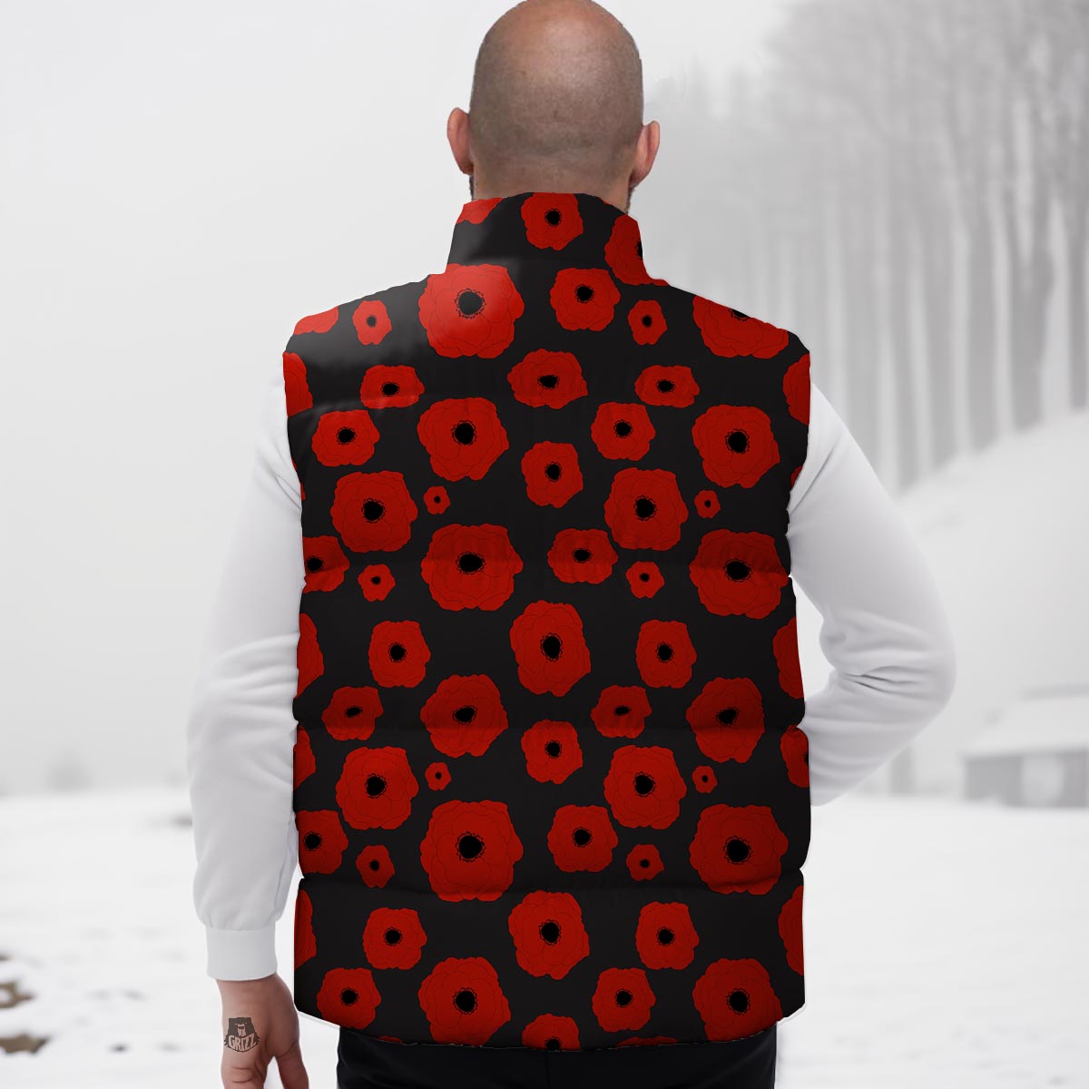 Poppy Red Print Pattern Down Vest-grizzshop