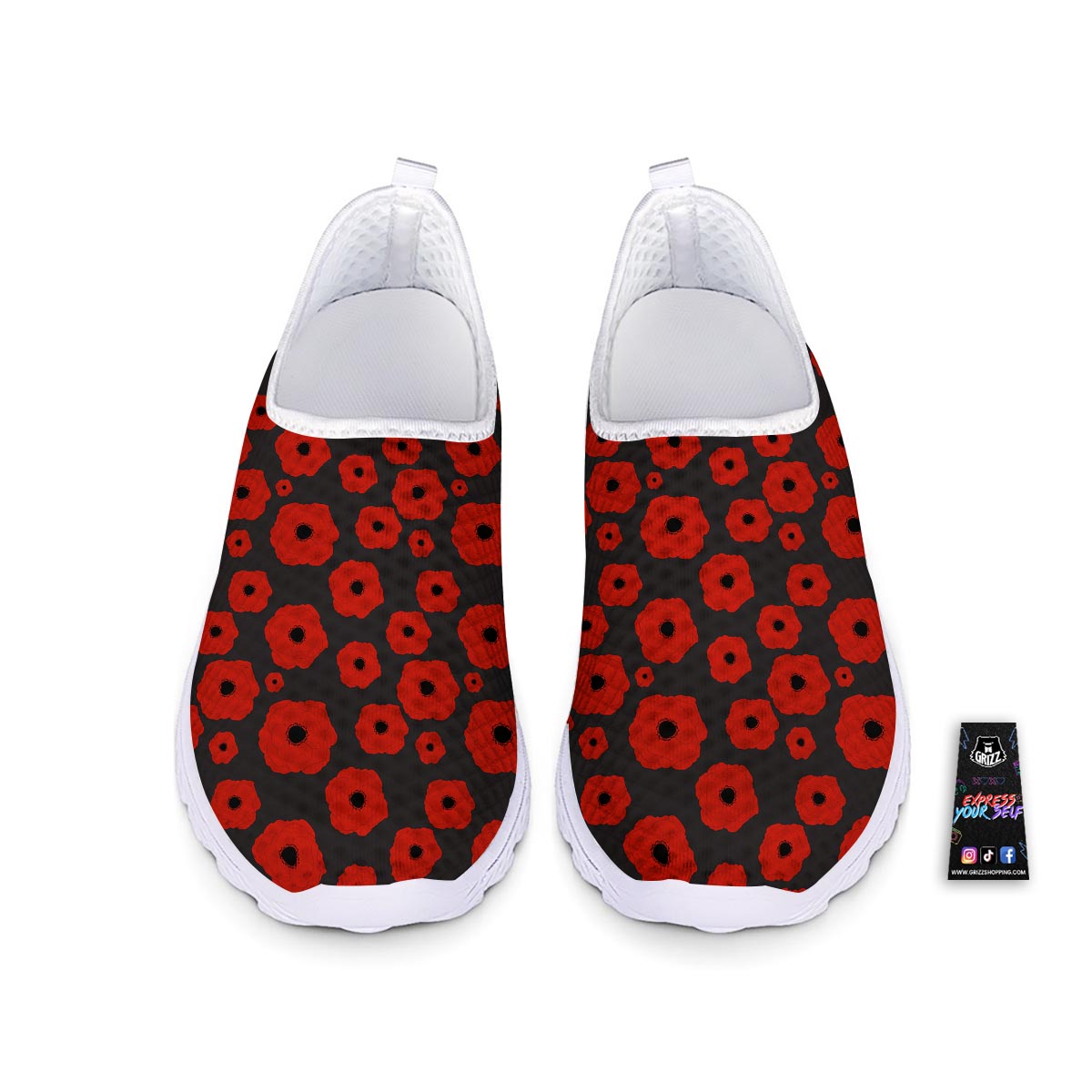 Poppy Red Print Pattern Nurse Shoes-grizzshop