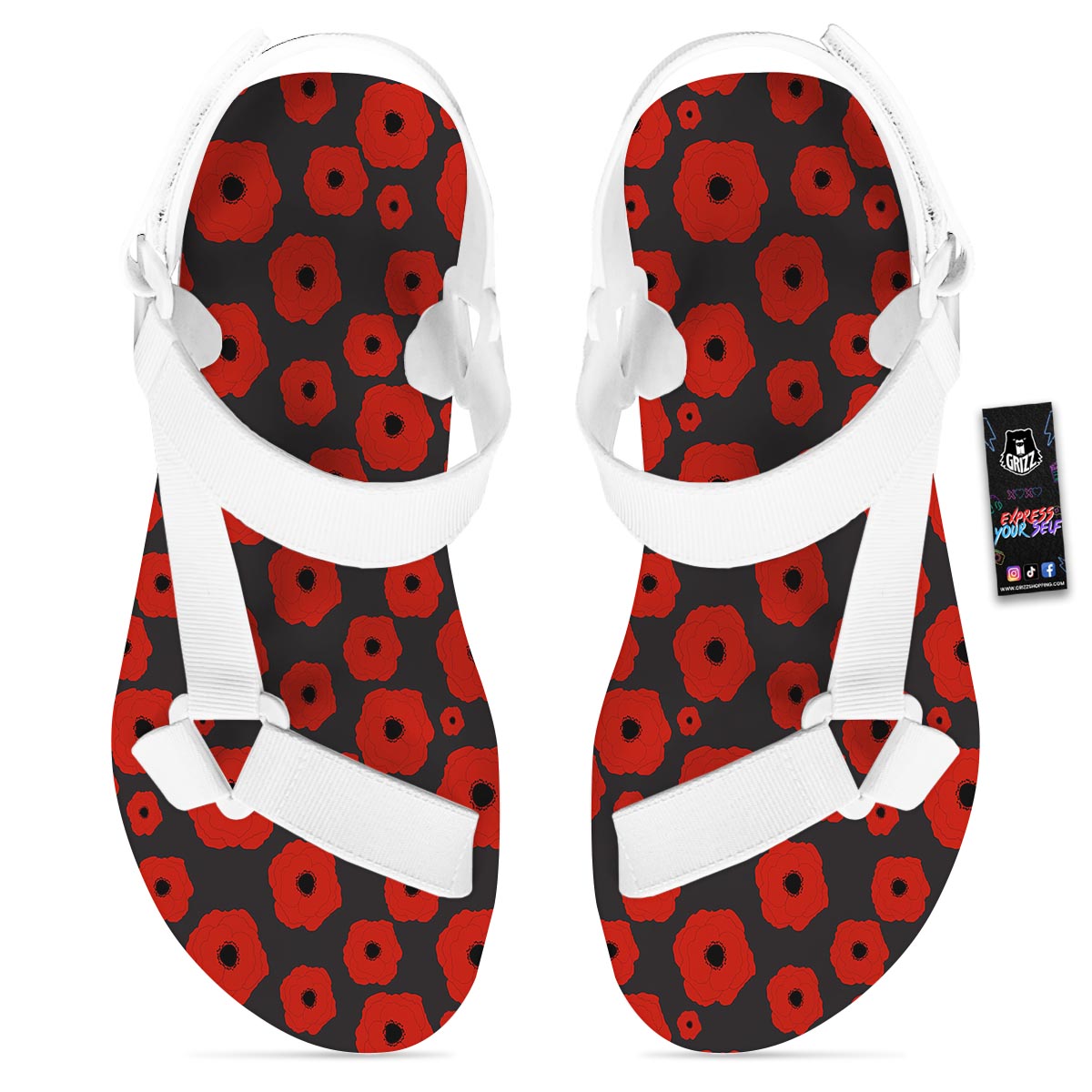 Poppy Red Print Pattern White Open Toe Sandals-grizzshop
