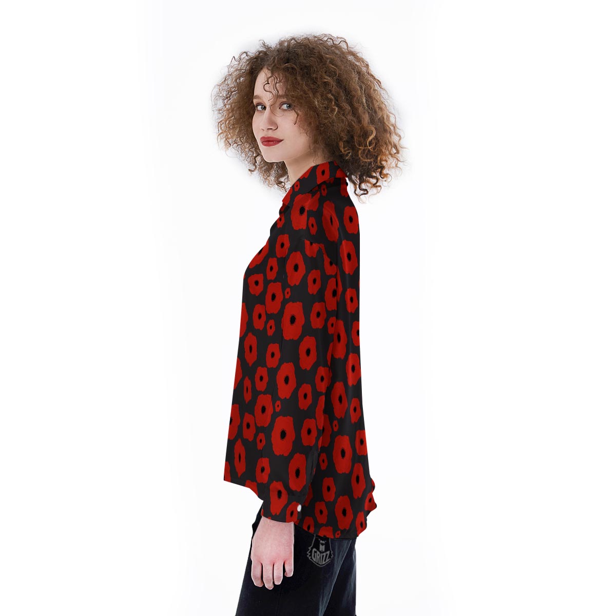 Poppy Red Print Pattern Women's Long Sleeve Shirts-grizzshop