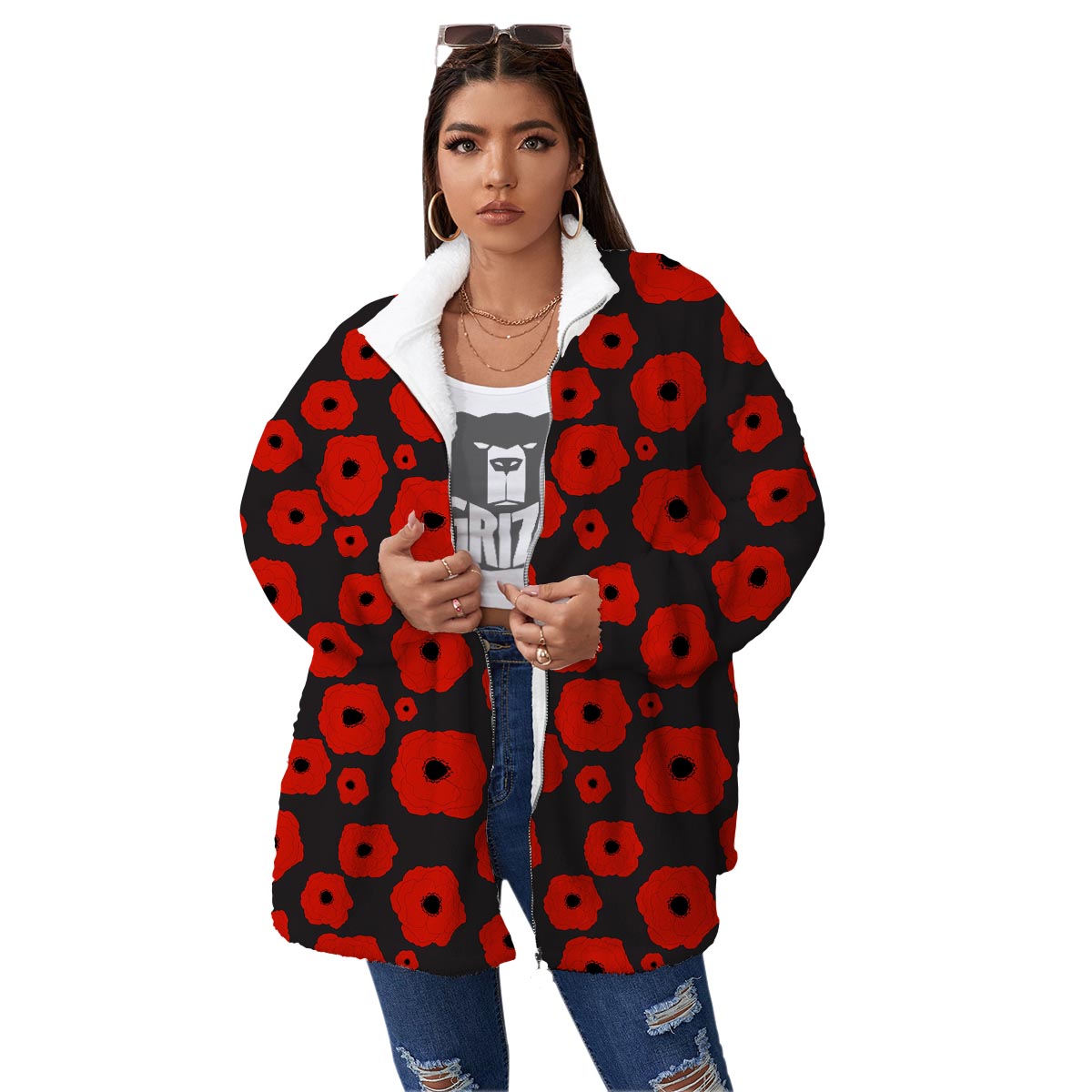 Poppy Red Print Pattern Women's Sherpa Jacket-grizzshop