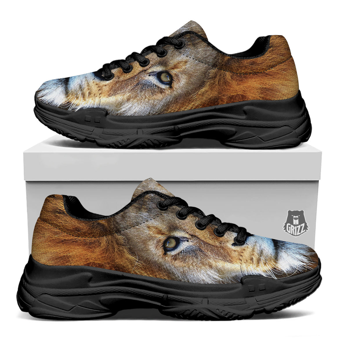 Portrait African Lion Print Black Chunky Shoes-grizzshop