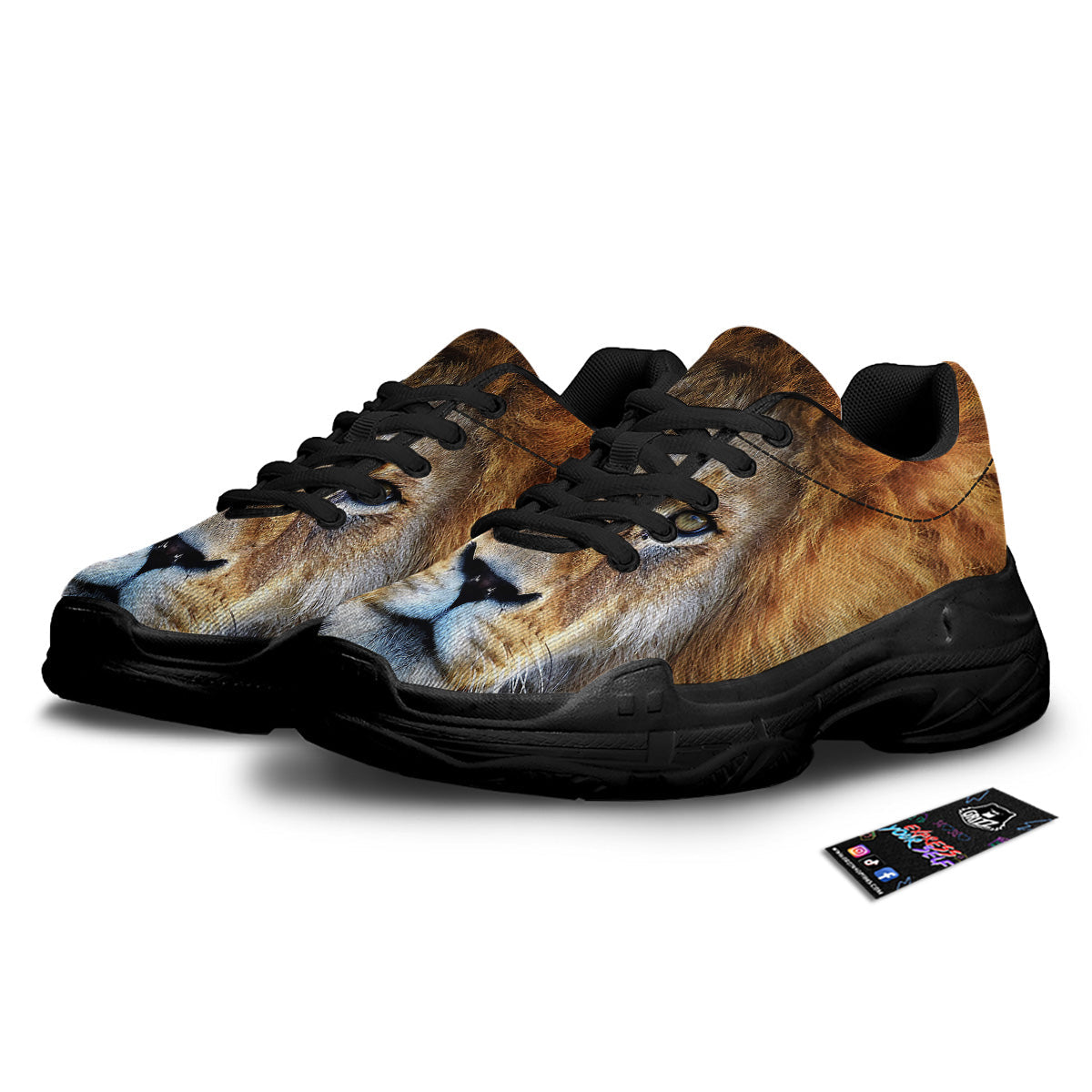 Portrait African Lion Print Black Chunky Shoes-grizzshop