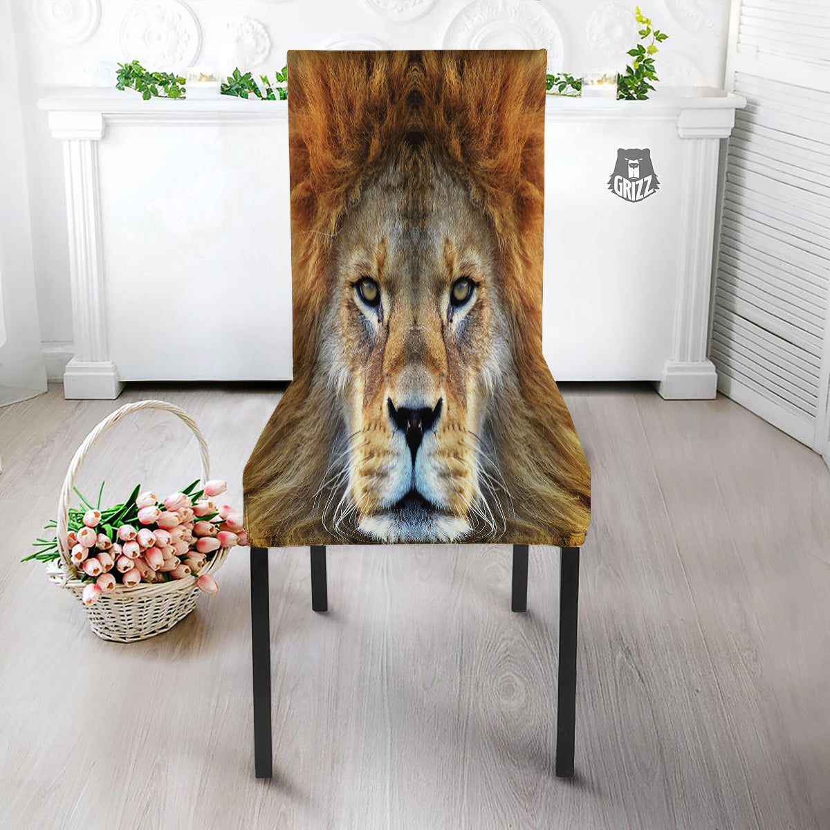 Portrait African Lion Print Dining Chair Slipcover-grizzshop
