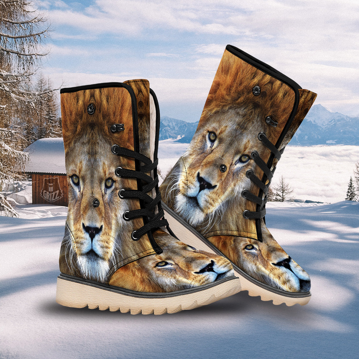 Portrait African Lion Print Snow Boots-grizzshop