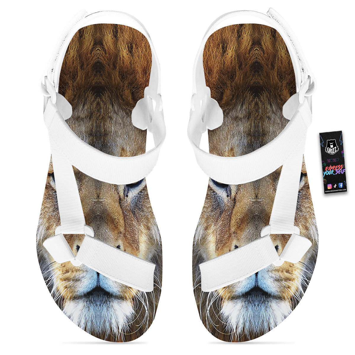 Portrait African Lion Print White Open Toe Sandals-grizzshop