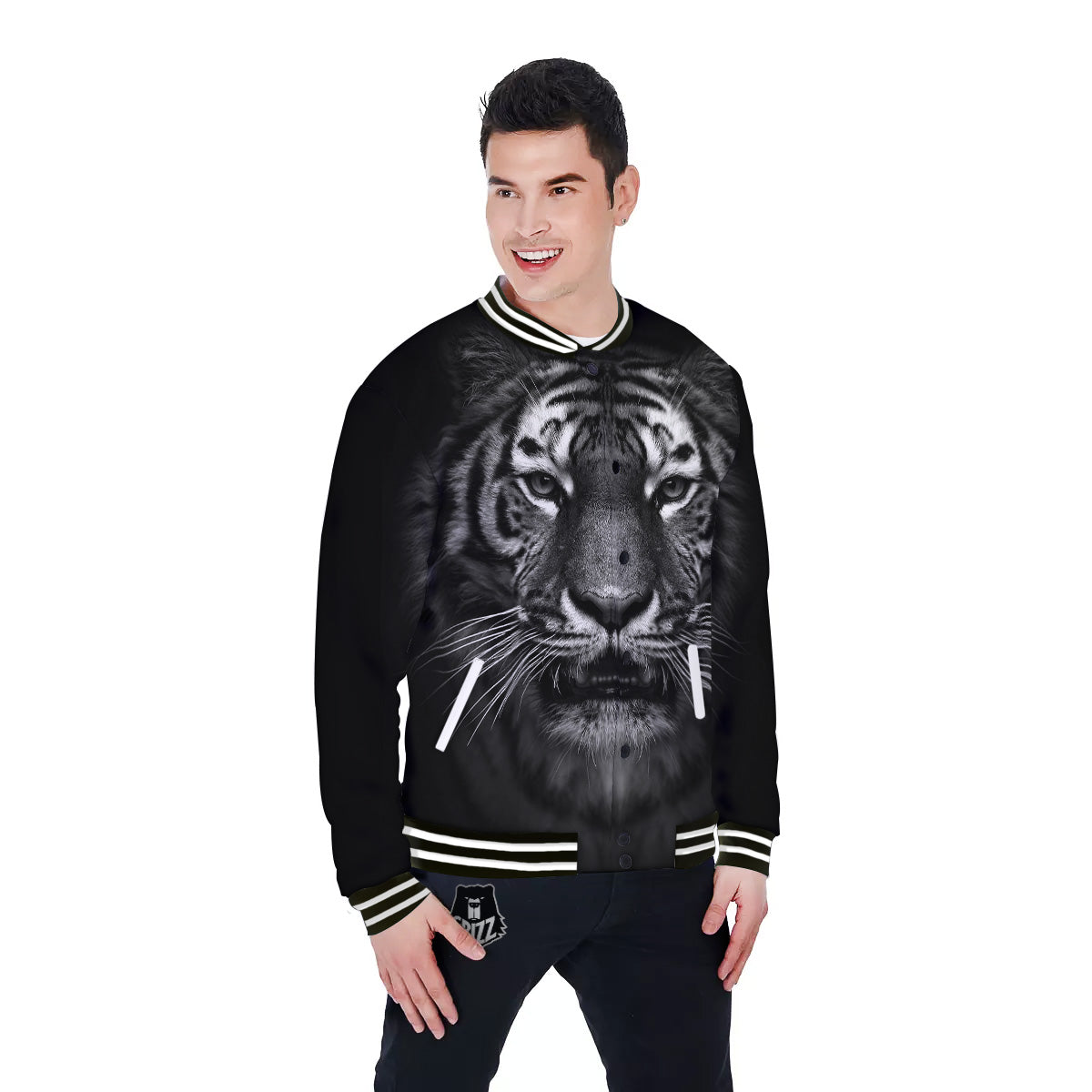 Portrait Black Tiger Print Baseball Jacket-grizzshop