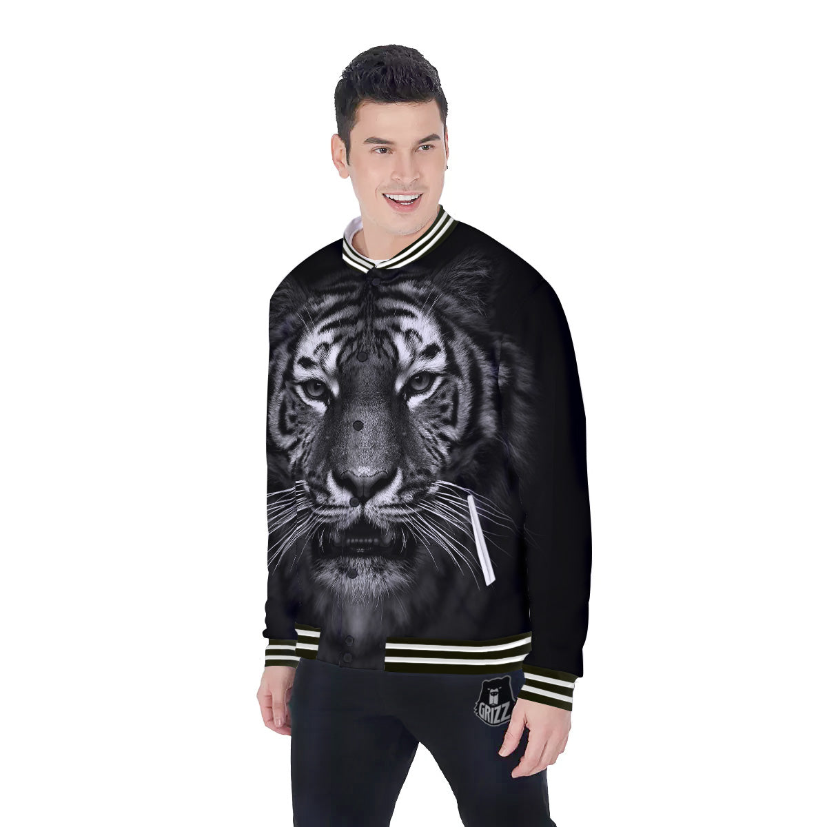 Portrait Black Tiger Print Baseball Jacket-grizzshop
