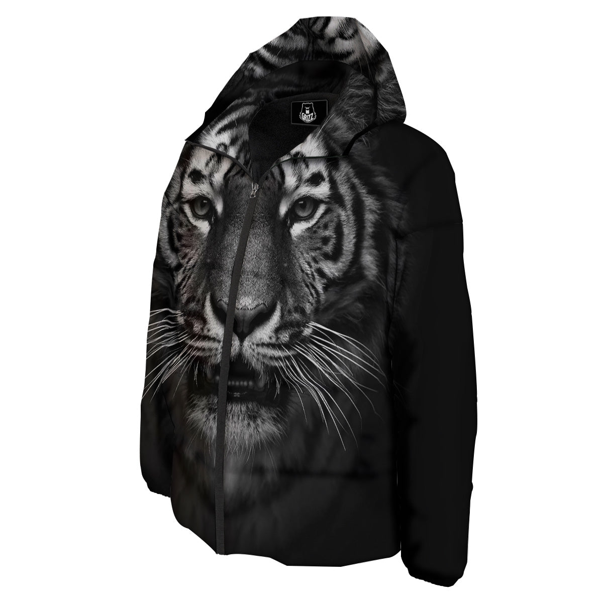 Portrait Black Tiger Print Down Jacket-grizzshop