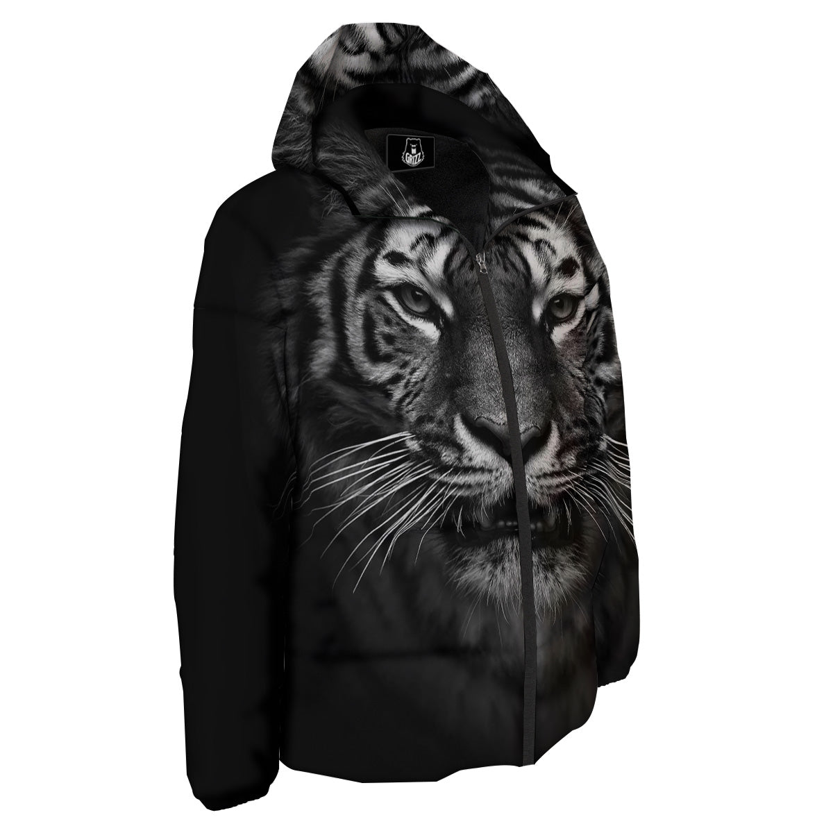 Portrait Black Tiger Print Down Jacket-grizzshop