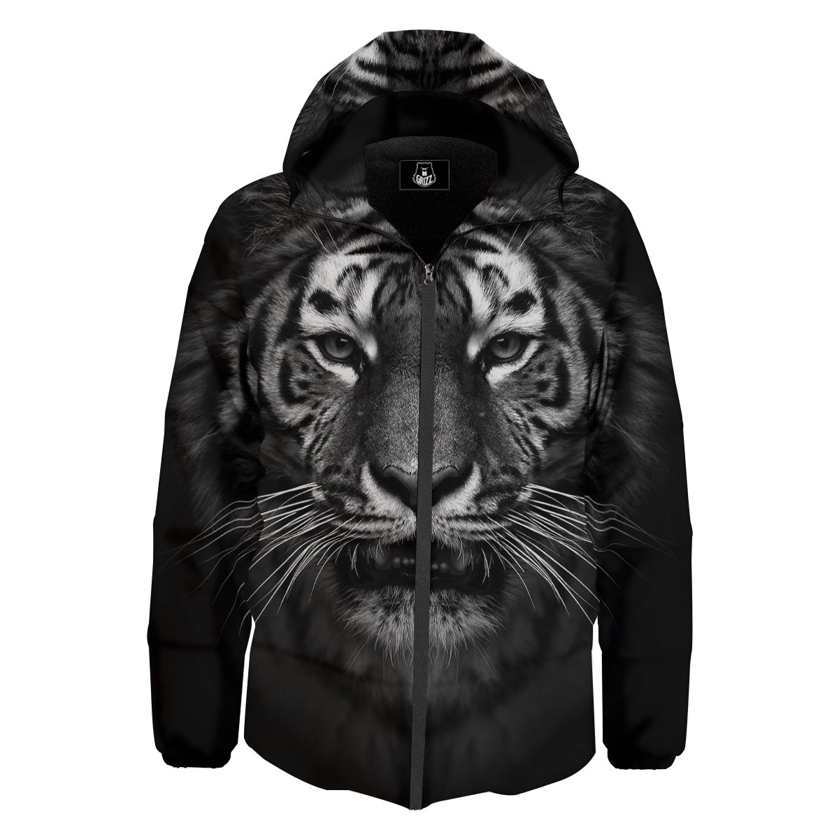Portrait Black Tiger Print Down Jacket-grizzshop