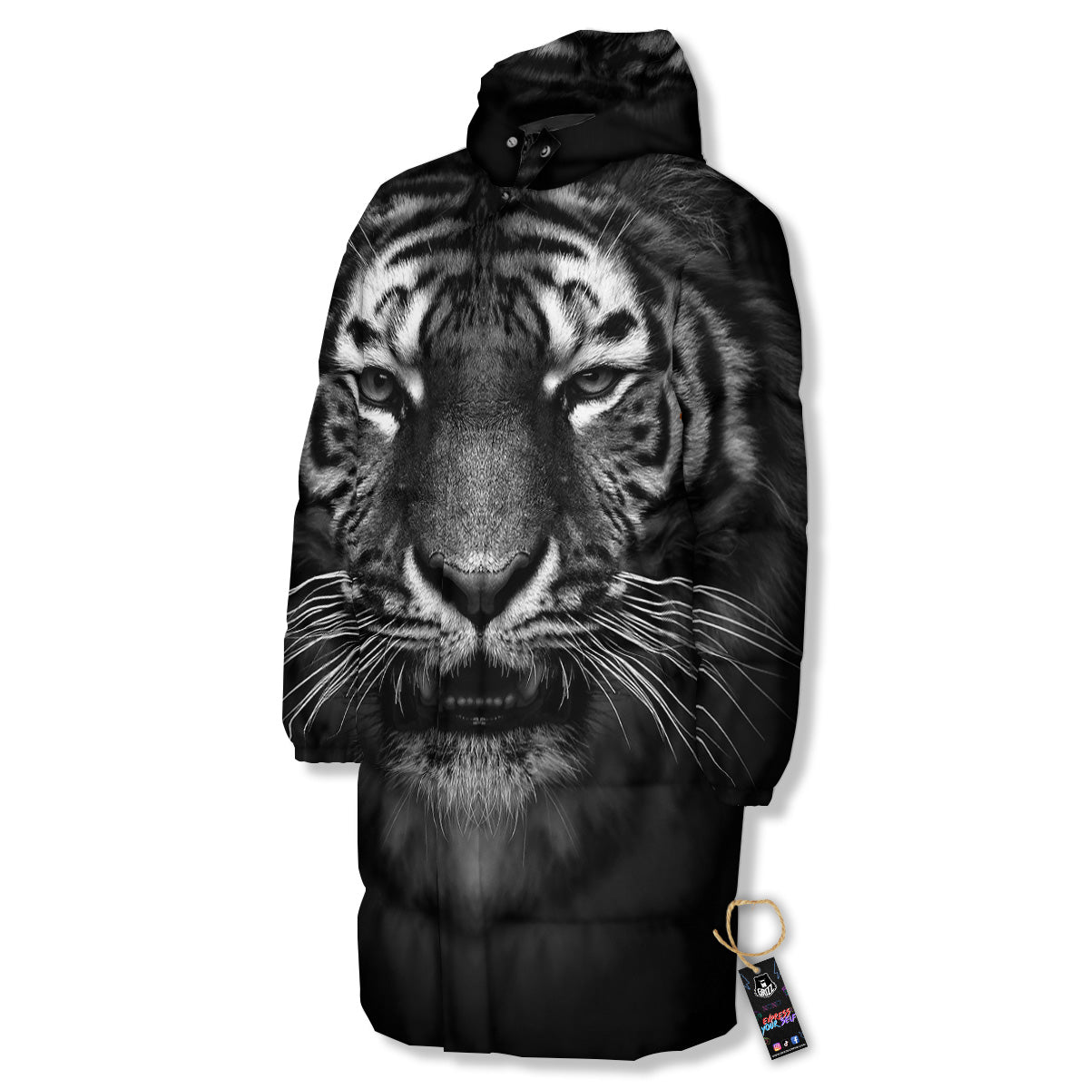 Portrait Black Tiger Print Long Down Jacket-grizzshop