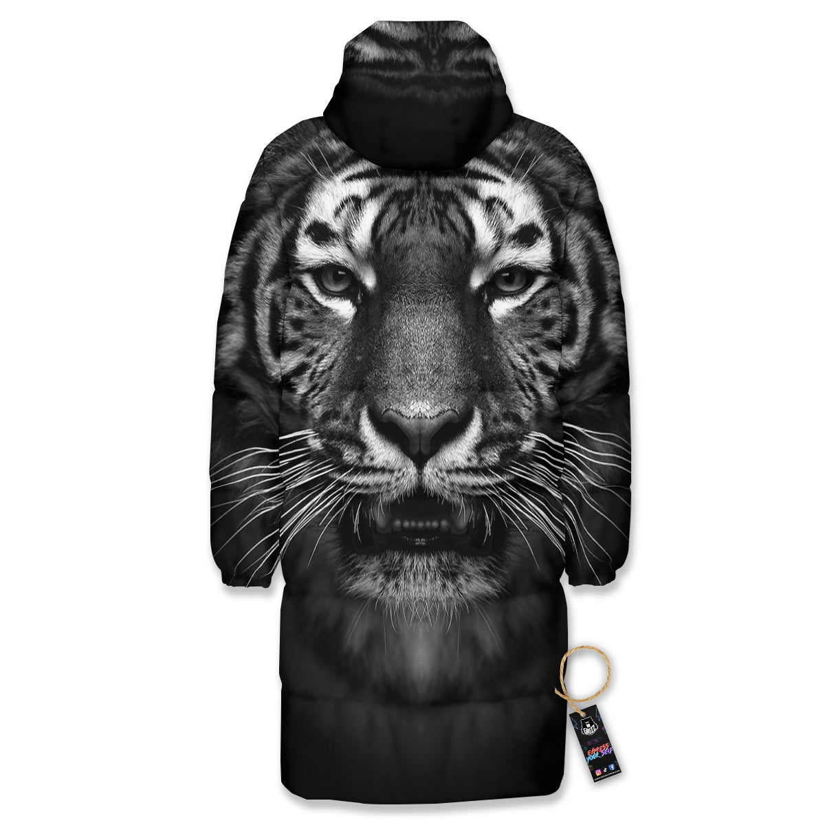 Portrait Black Tiger Print Long Down Jacket-grizzshop