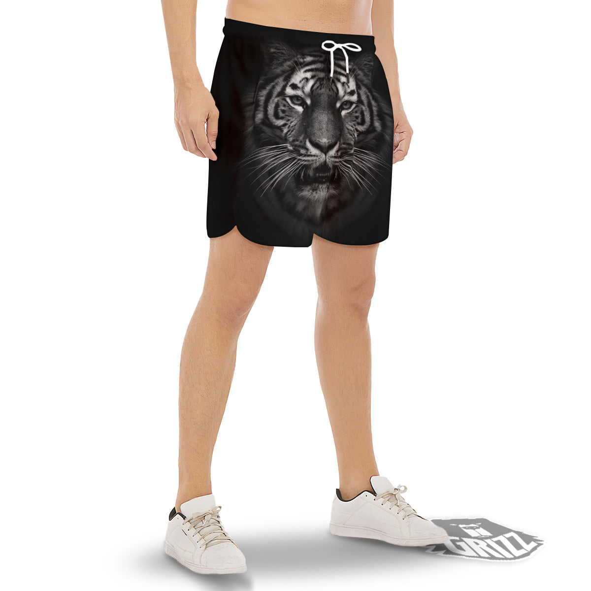 Portrait Black Tiger Print Men's Gym Shorts-grizzshop