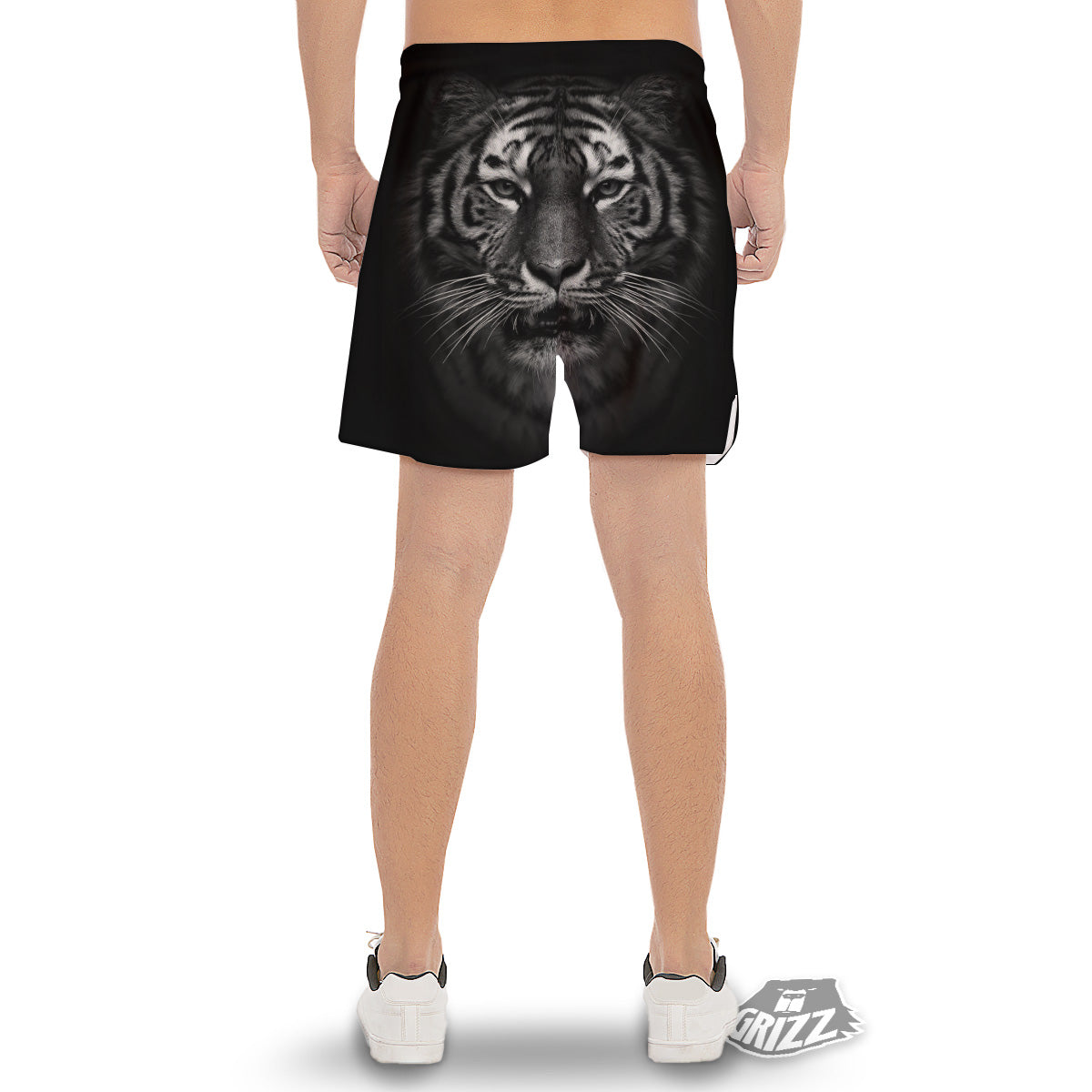 Portrait Black Tiger Print Men's Gym Shorts-grizzshop
