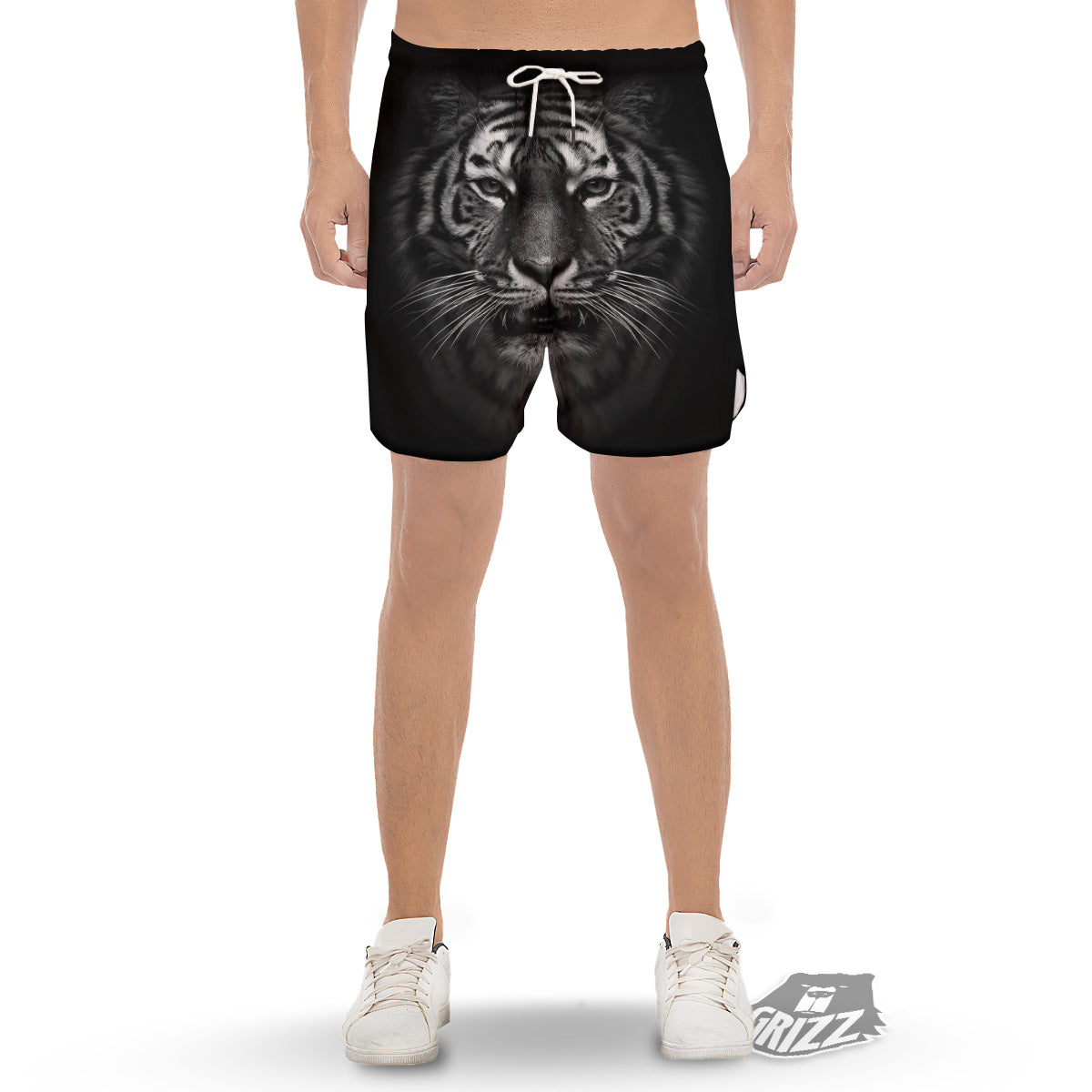 Portrait Black Tiger Print Men's Gym Shorts-grizzshop