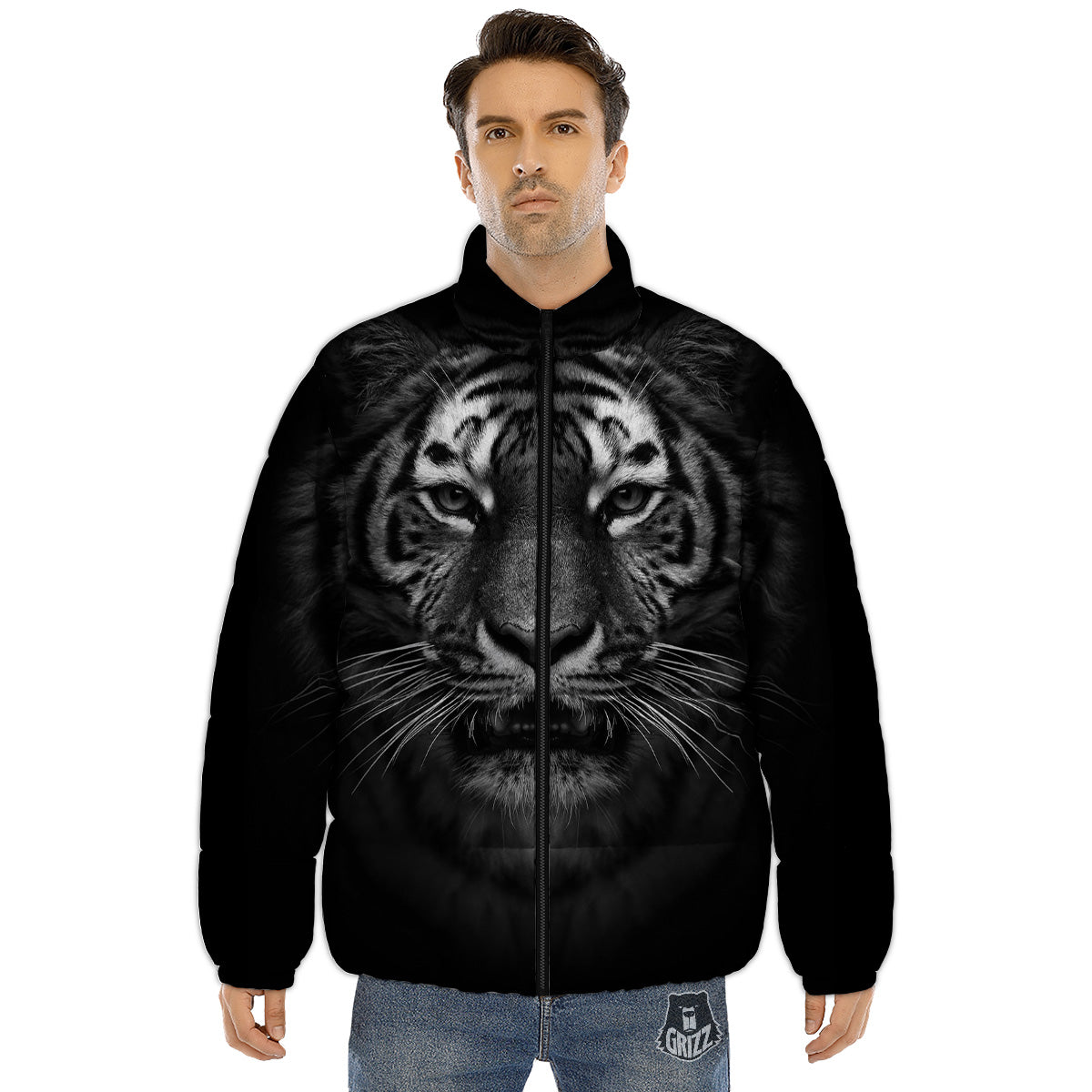 Portrait Black Tiger Print Puffer Jacket-grizzshop