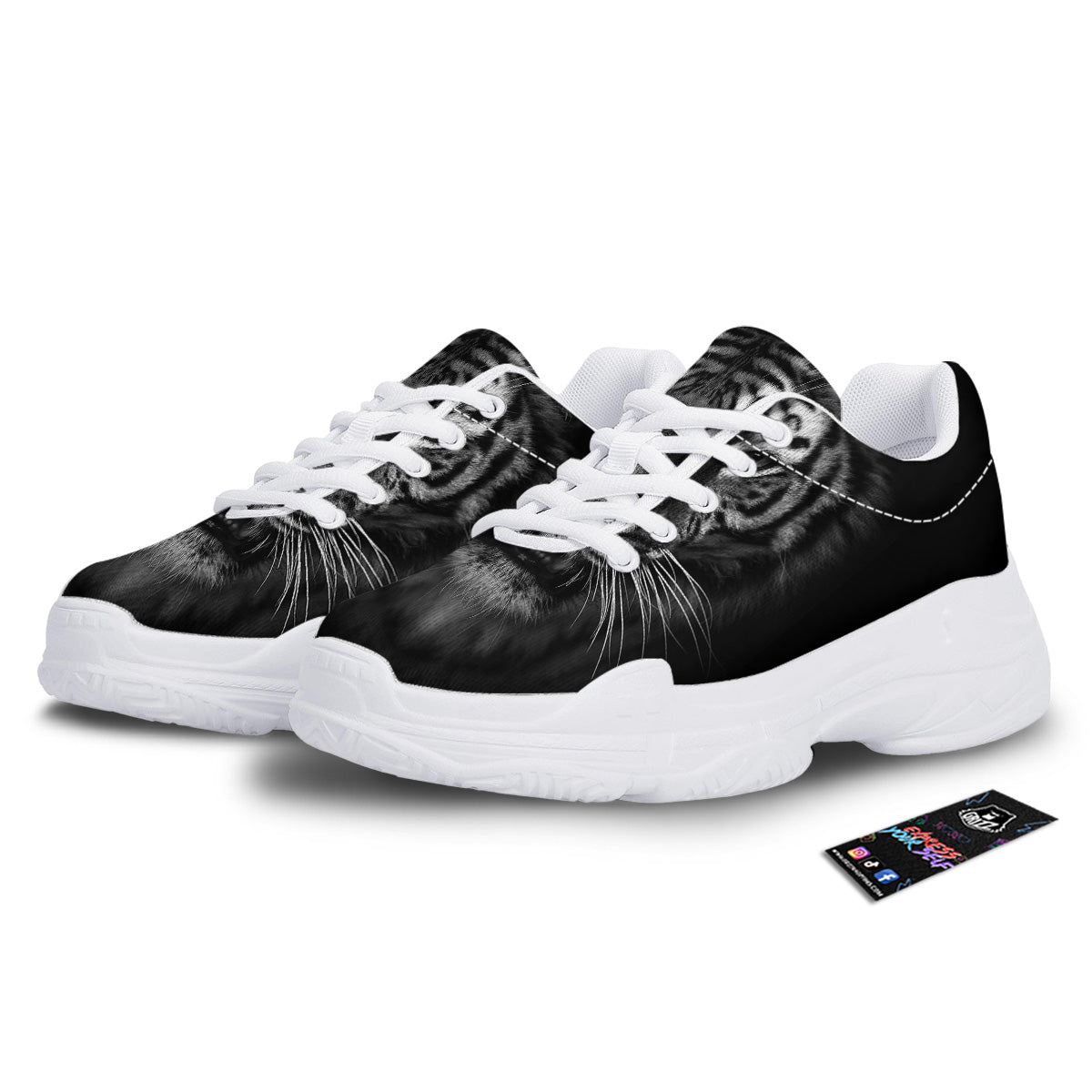 Portrait Black Tiger Print White Chunky Shoes-grizzshop