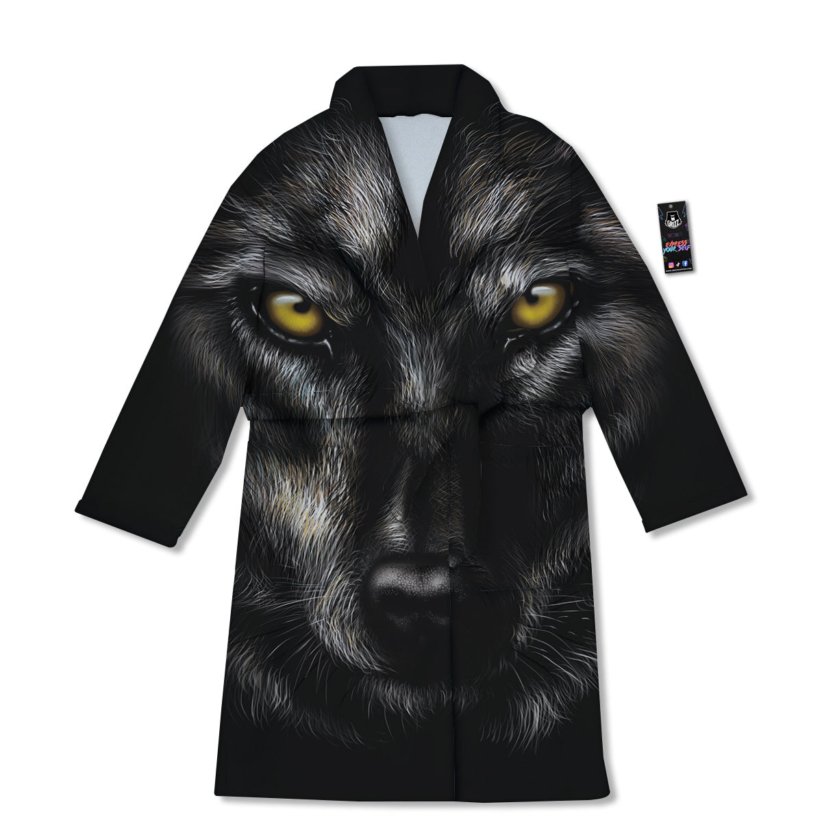 Portrait Black Wolf Print Bathrobe-grizzshop