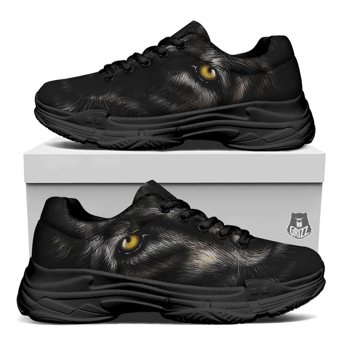 Portrait Black Wolf Print Black Chunky Shoes-grizzshop