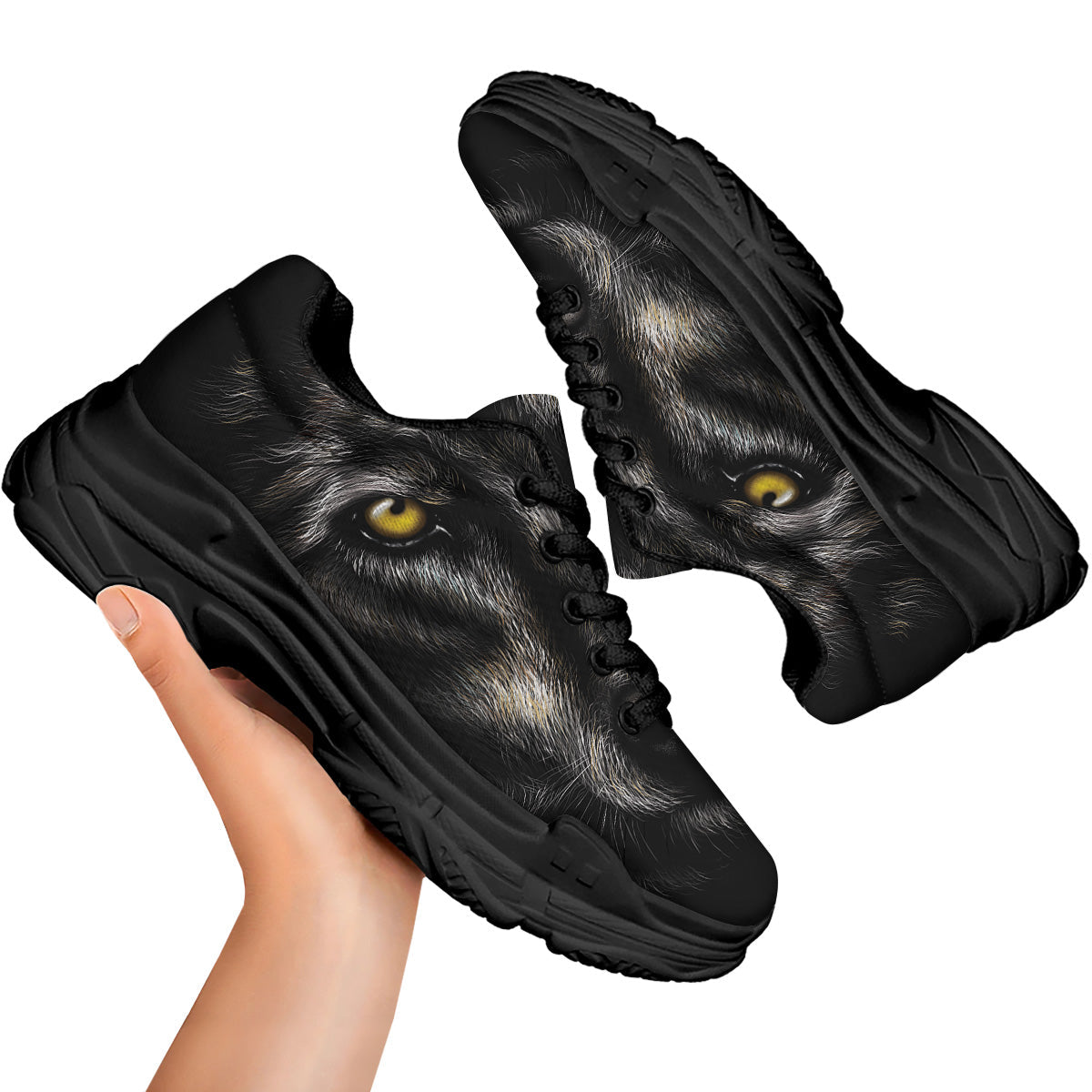Portrait Black Wolf Print Black Chunky Shoes-grizzshop