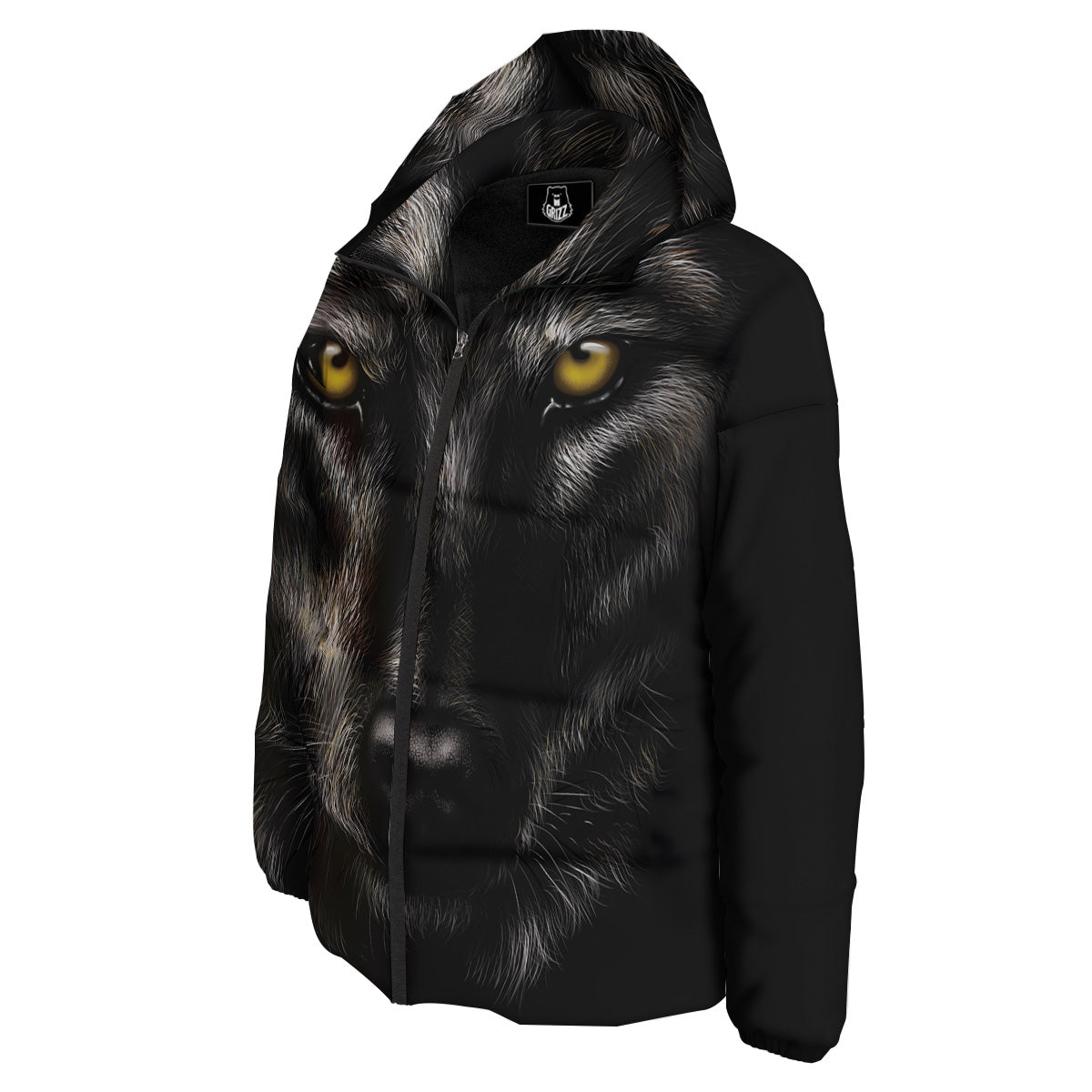 Portrait Black Wolf Print Down Jacket-grizzshop