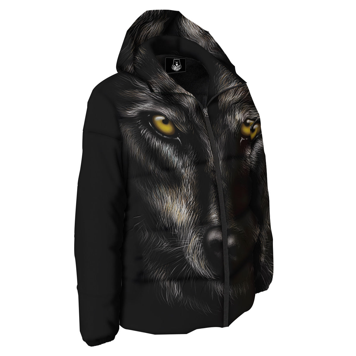 Portrait Black Wolf Print Down Jacket-grizzshop