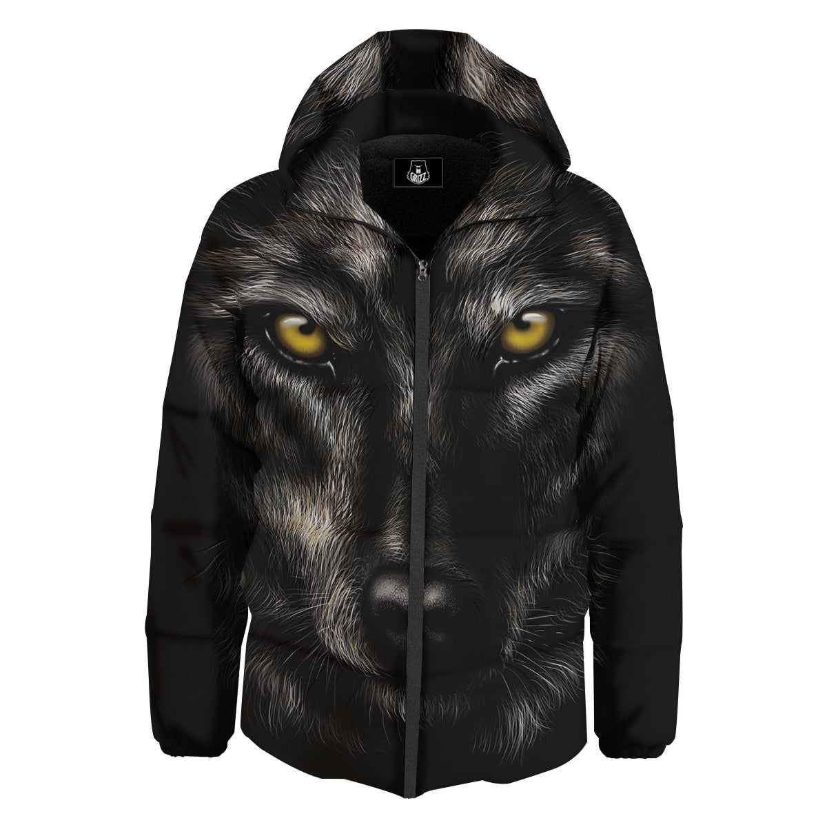 Portrait Black Wolf Print Down Jacket-grizzshop