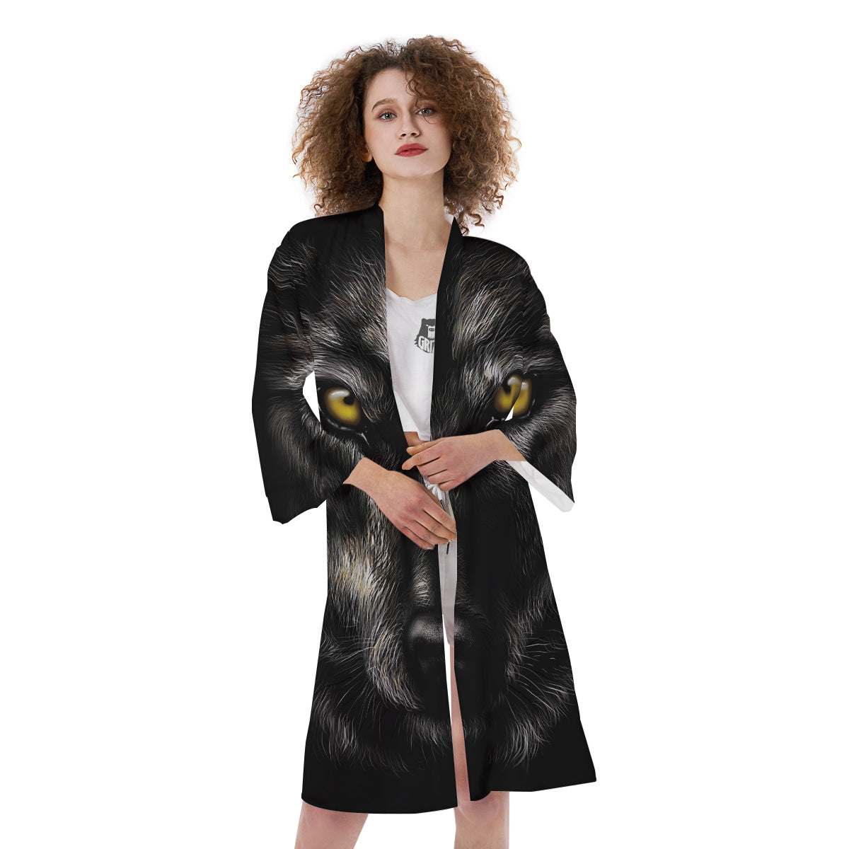 Portrait Black Wolf Print Kimono-grizzshop