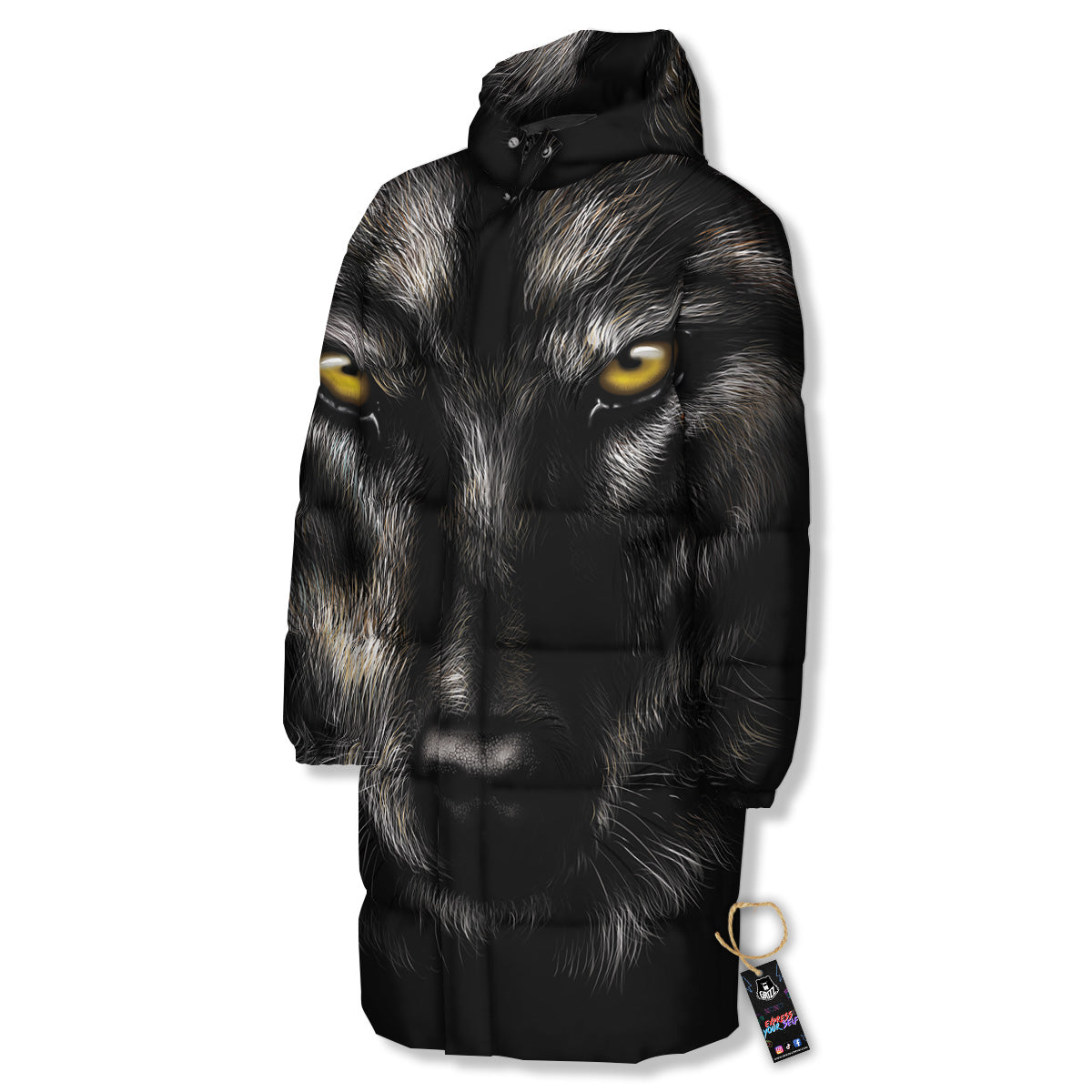 Portrait Black Wolf Print Long Down Jacket-grizzshop