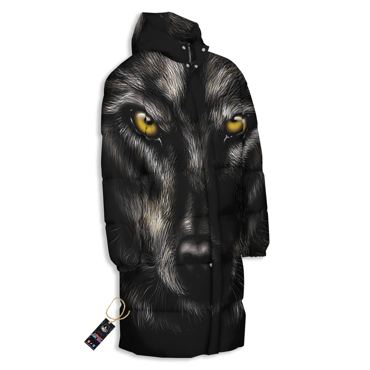Portrait Black Wolf Print Long Down Jacket-grizzshop