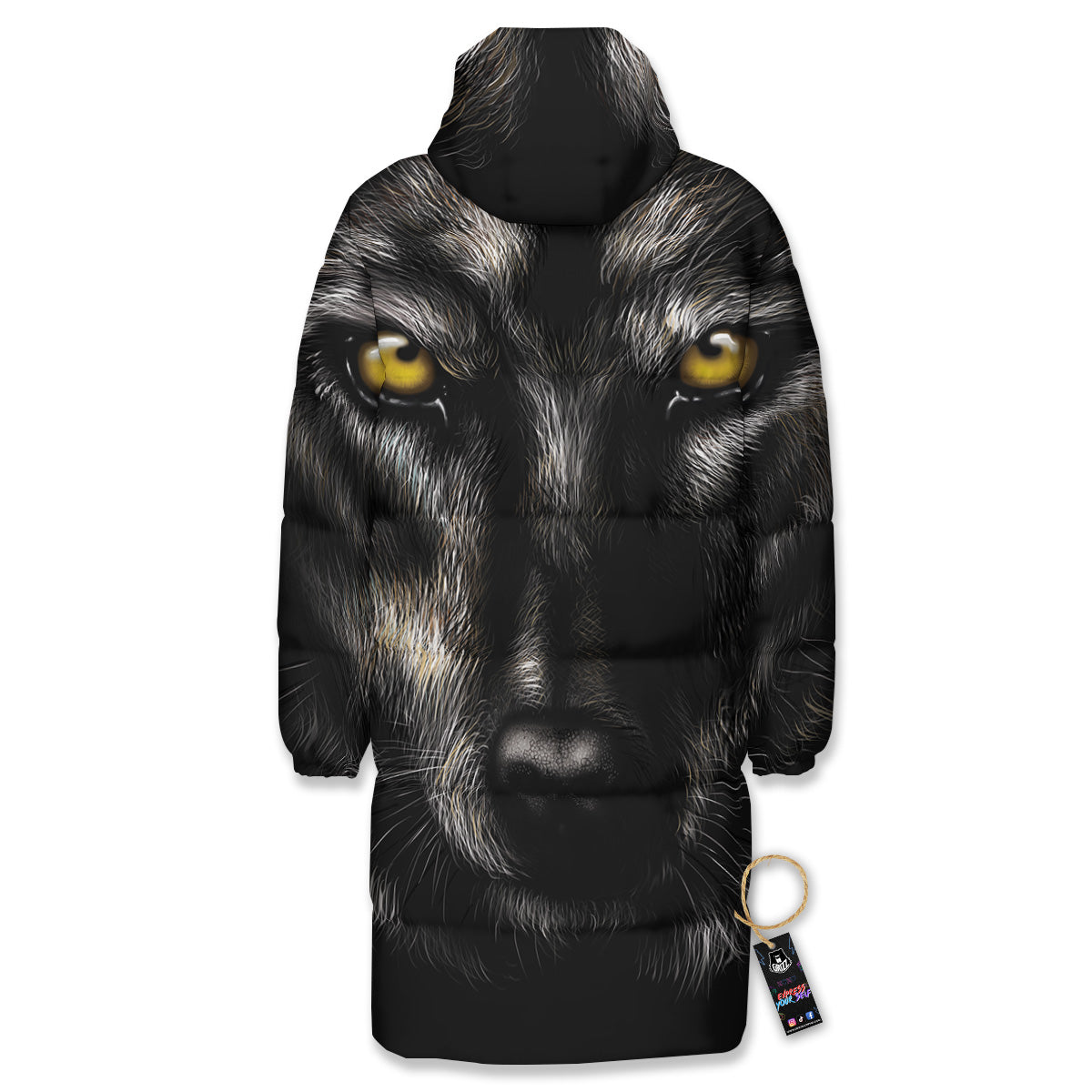 Portrait Black Wolf Print Long Down Jacket-grizzshop