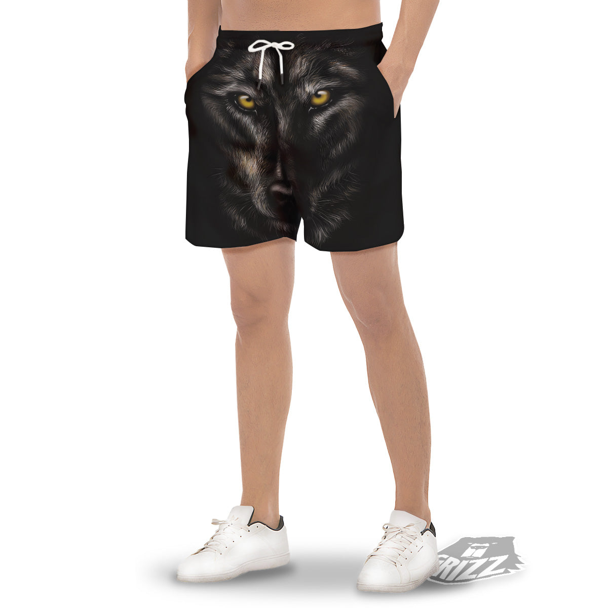 Portrait Black Wolf Print Men's Gym Shorts-grizzshop