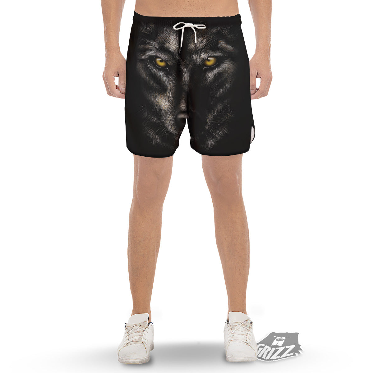 Portrait Black Wolf Print Men's Gym Shorts-grizzshop