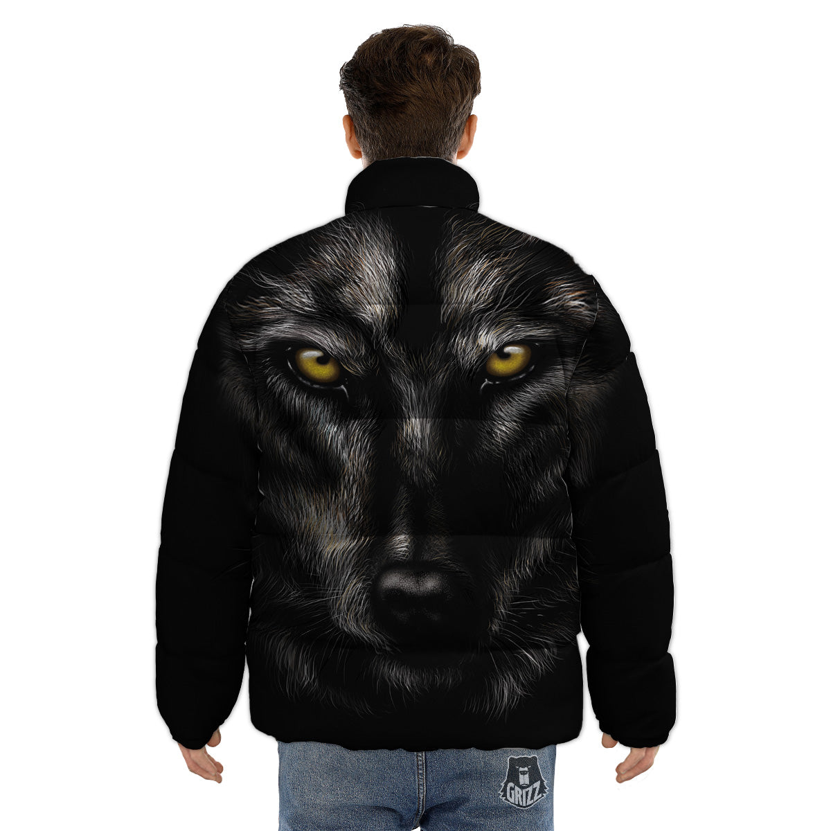 Portrait Black Wolf Print Puffer Jacket-grizzshop