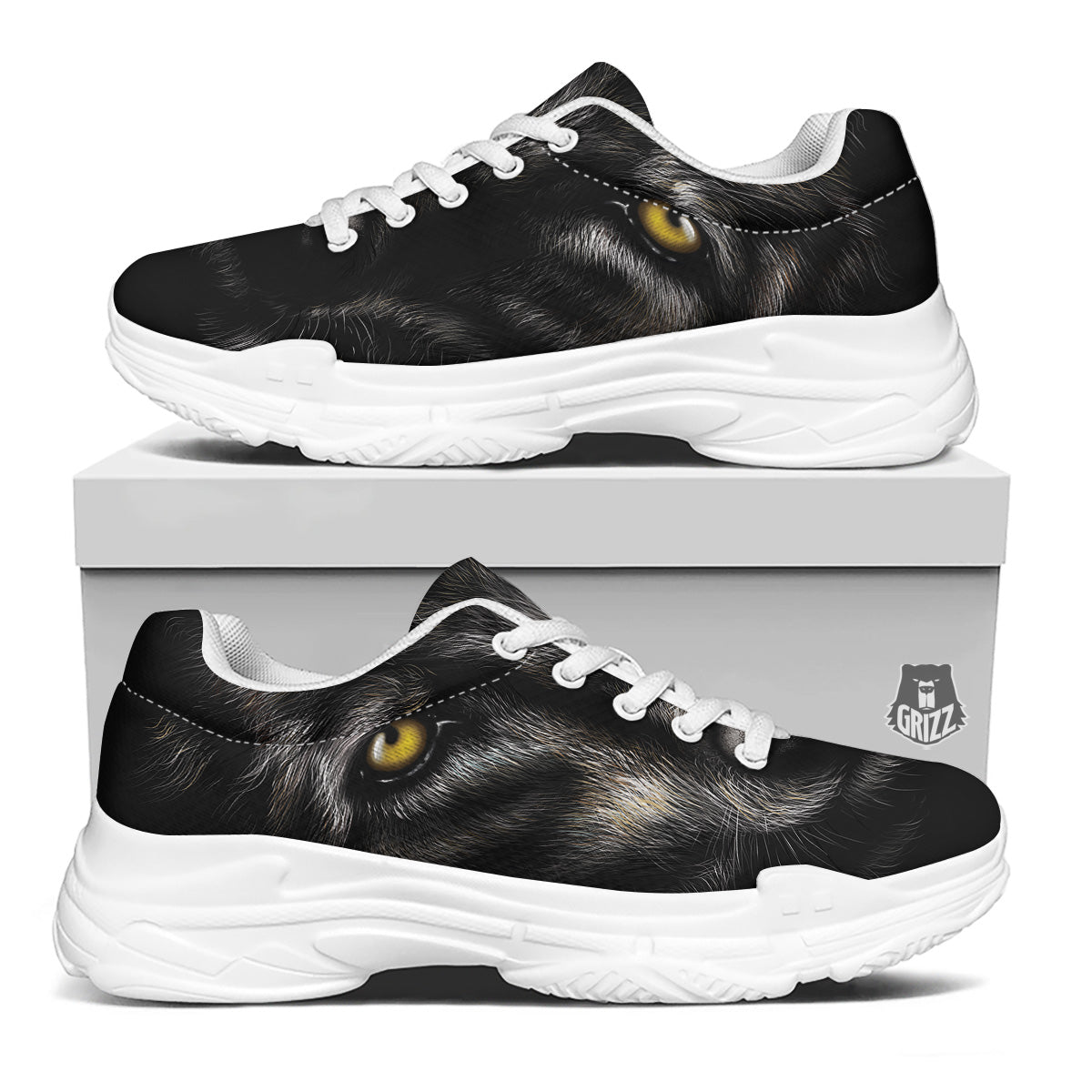 Portrait Black Wolf Print White Chunky Shoes-grizzshop