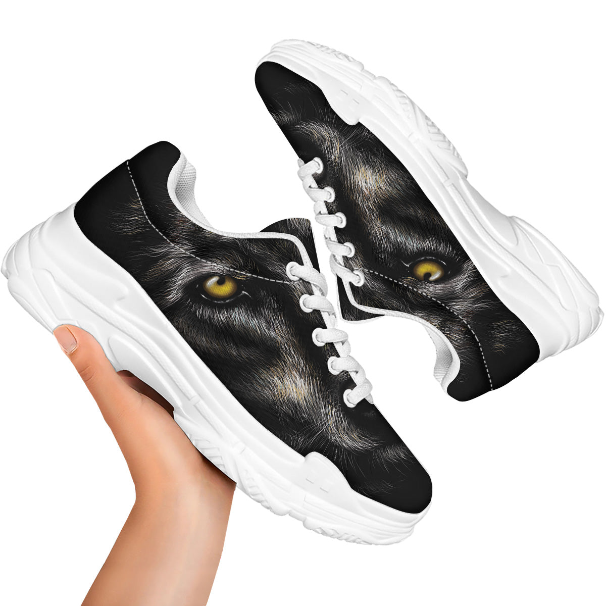 Portrait Black Wolf Print White Chunky Shoes-grizzshop