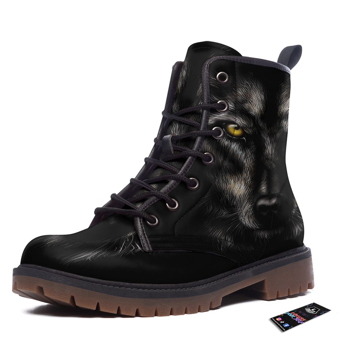 Portrait Black Wolf Print Work Boots-grizzshop