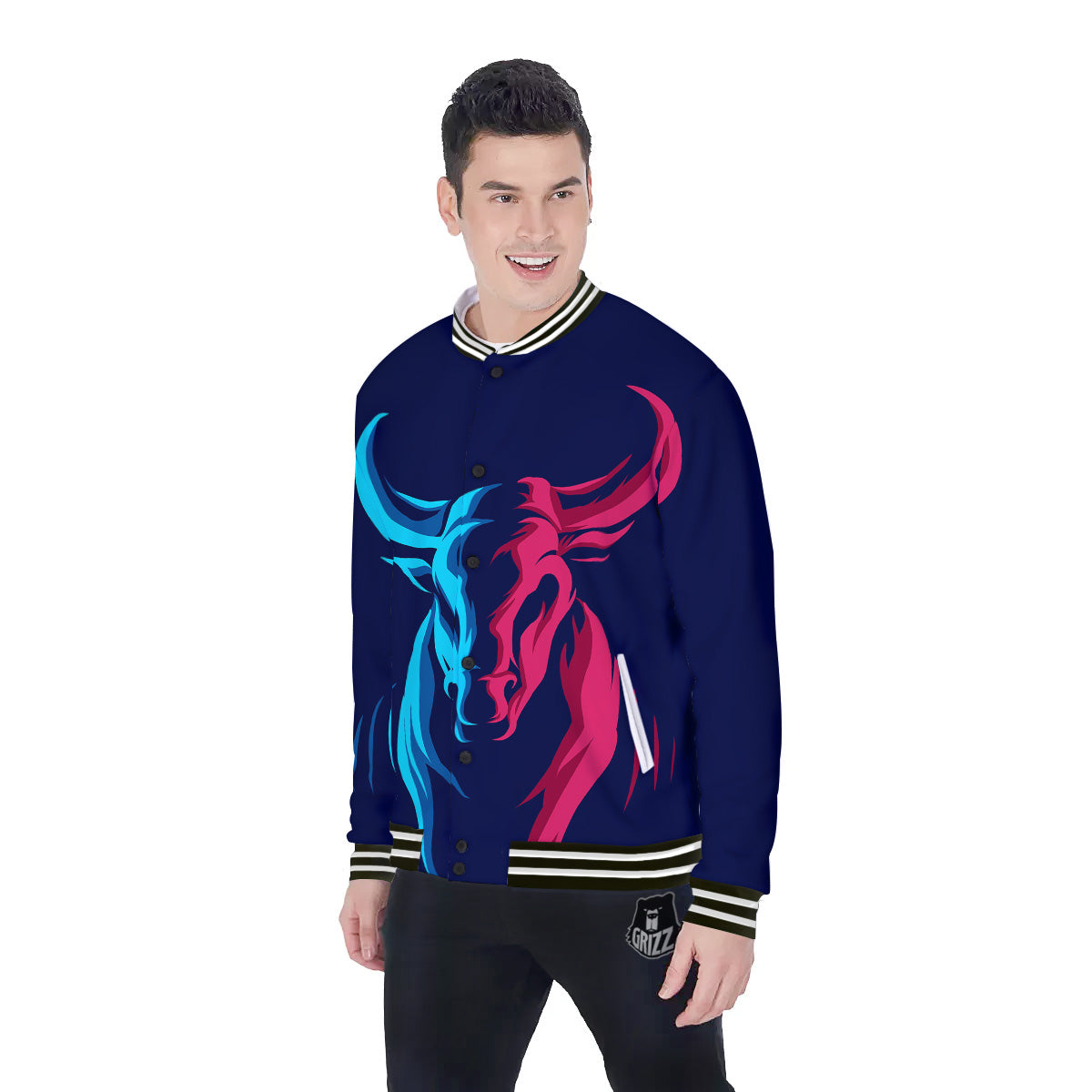 Portrait Bull Print Baseball Jacket-grizzshop