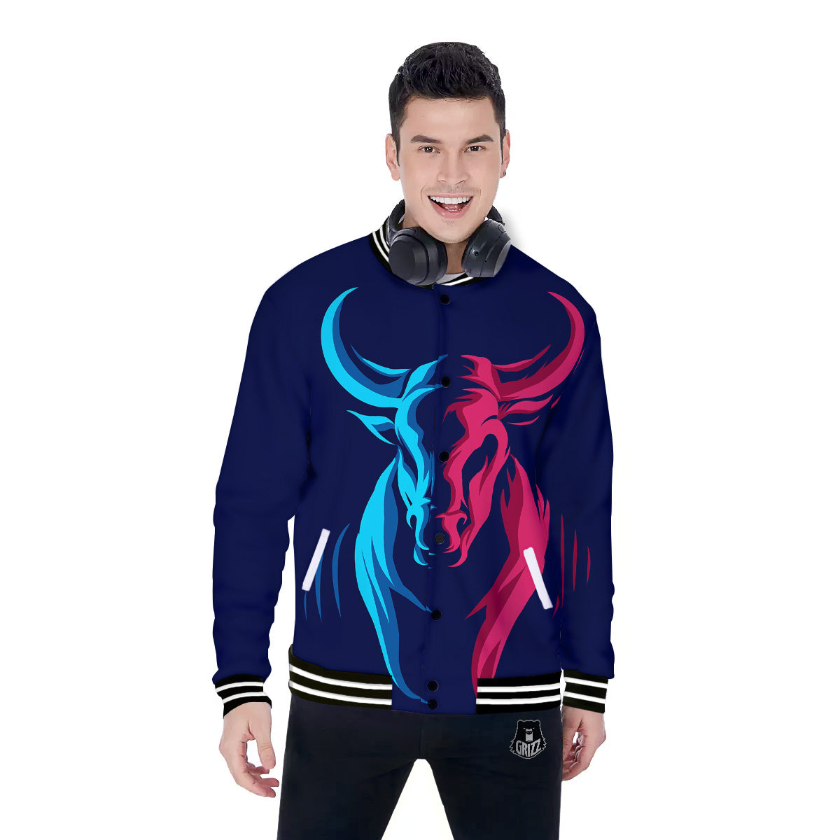 Portrait Bull Print Baseball Jacket-grizzshop